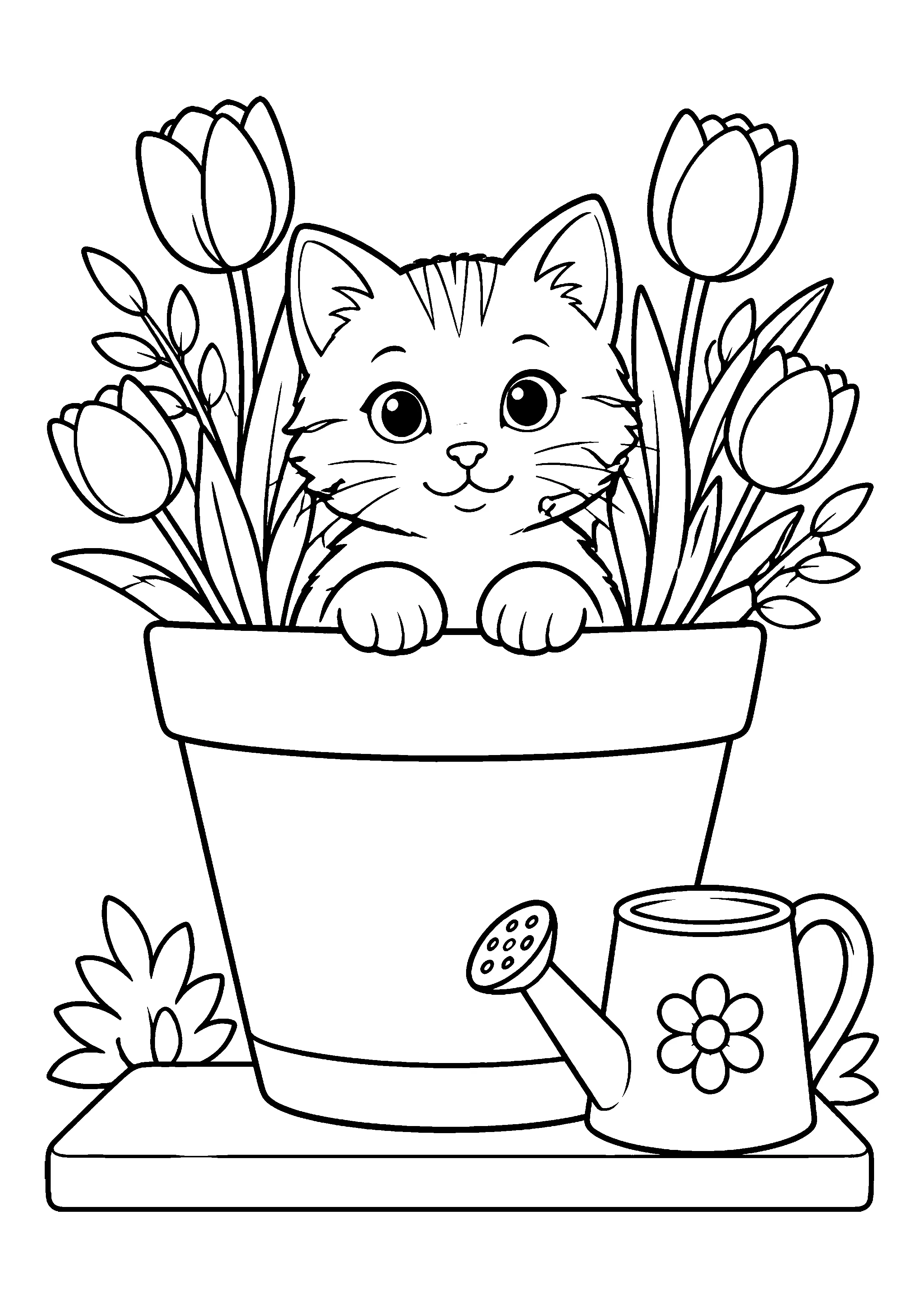 Cat in flower pot coloring page, printable line art