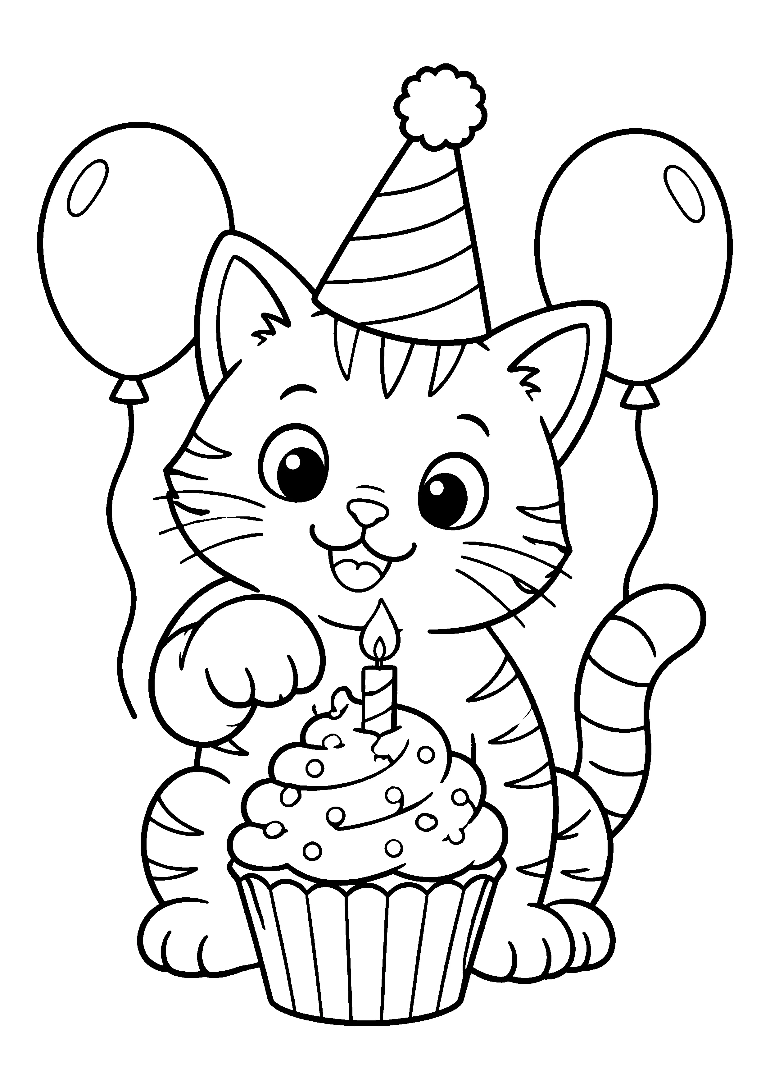 Cat with birthday cupcake coloring page, printable line art