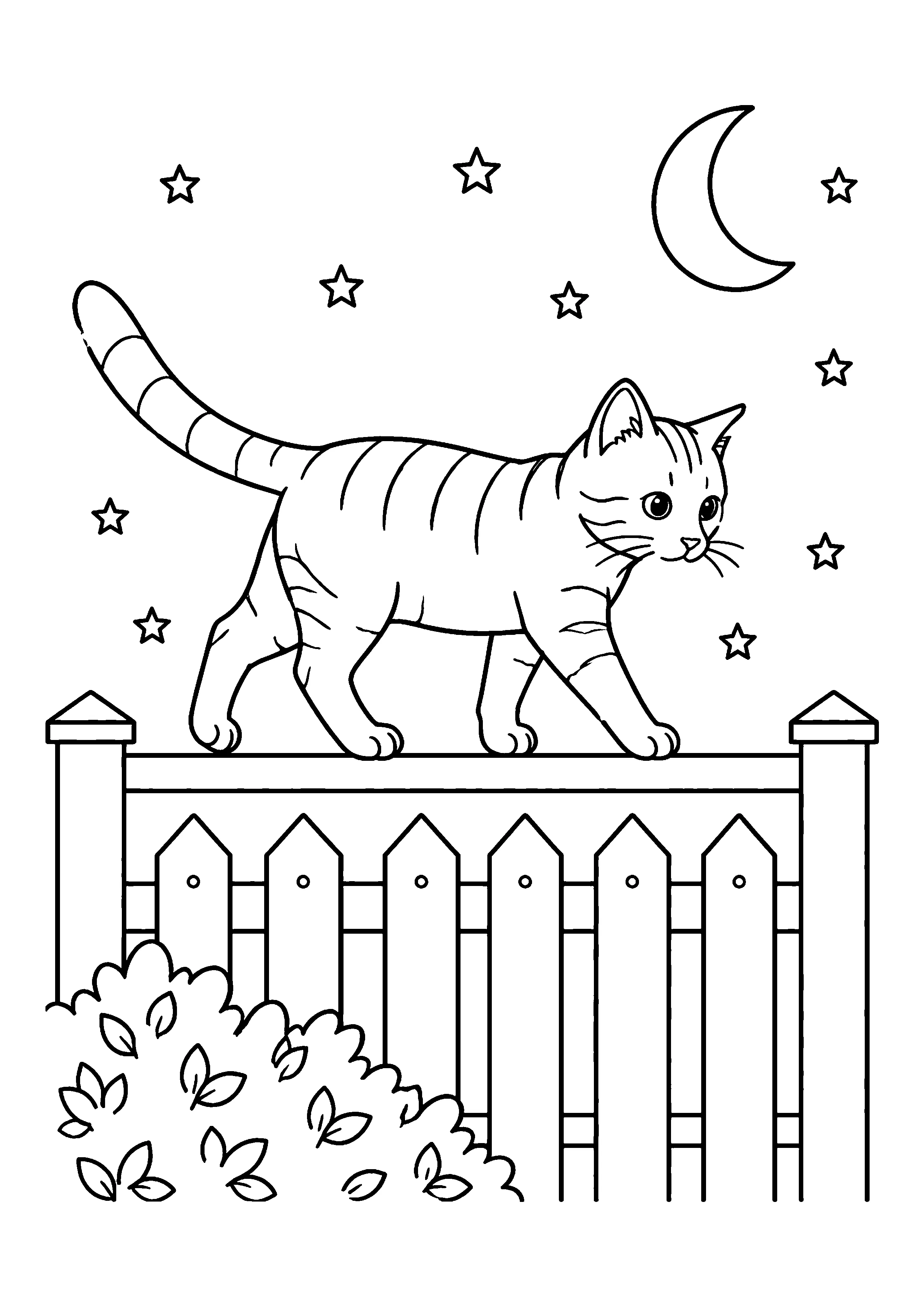 Cat balancing on fence coloring page, printable line art