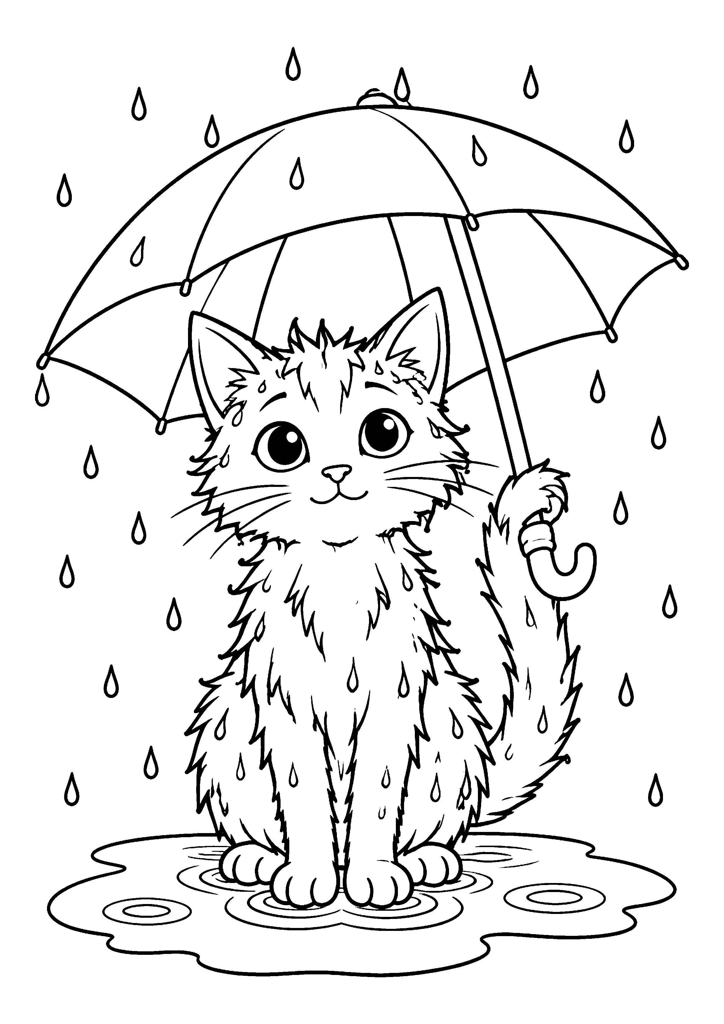 Wet cat under umbrella coloring page, printable line art
