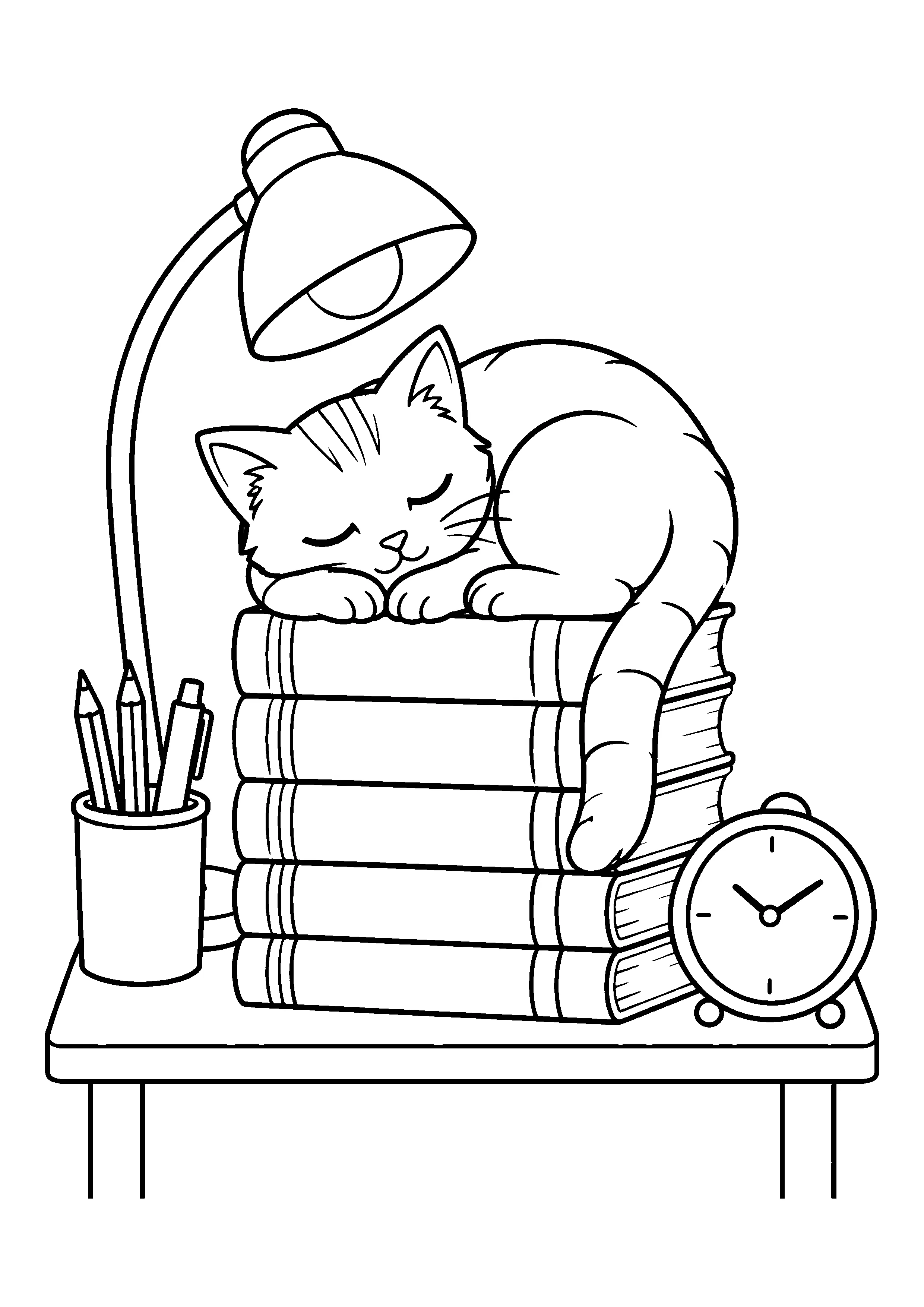 Cat sleeping on books coloring page, printable line art