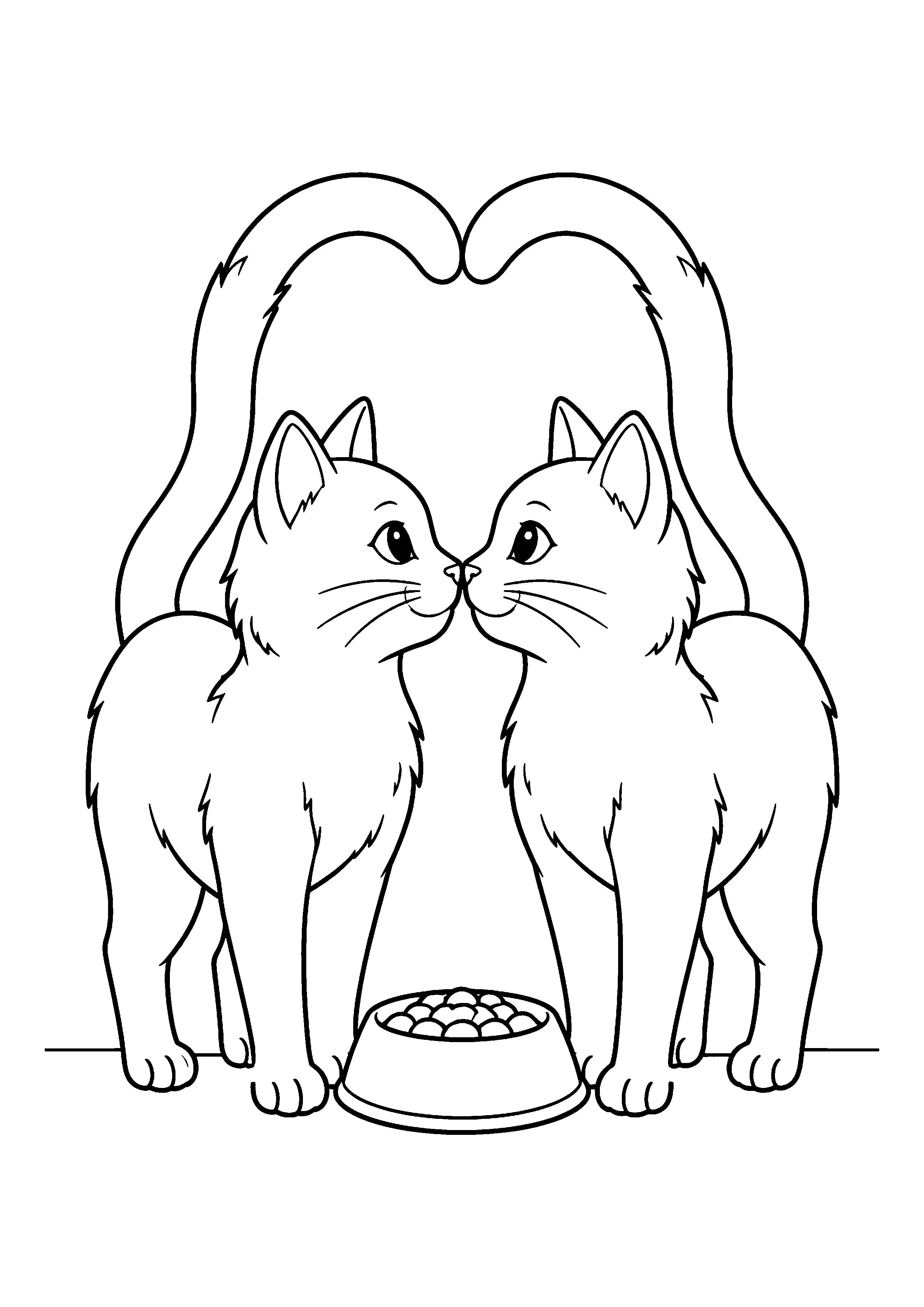 Two cats nose to nose with heart tails coloring page, printable line art