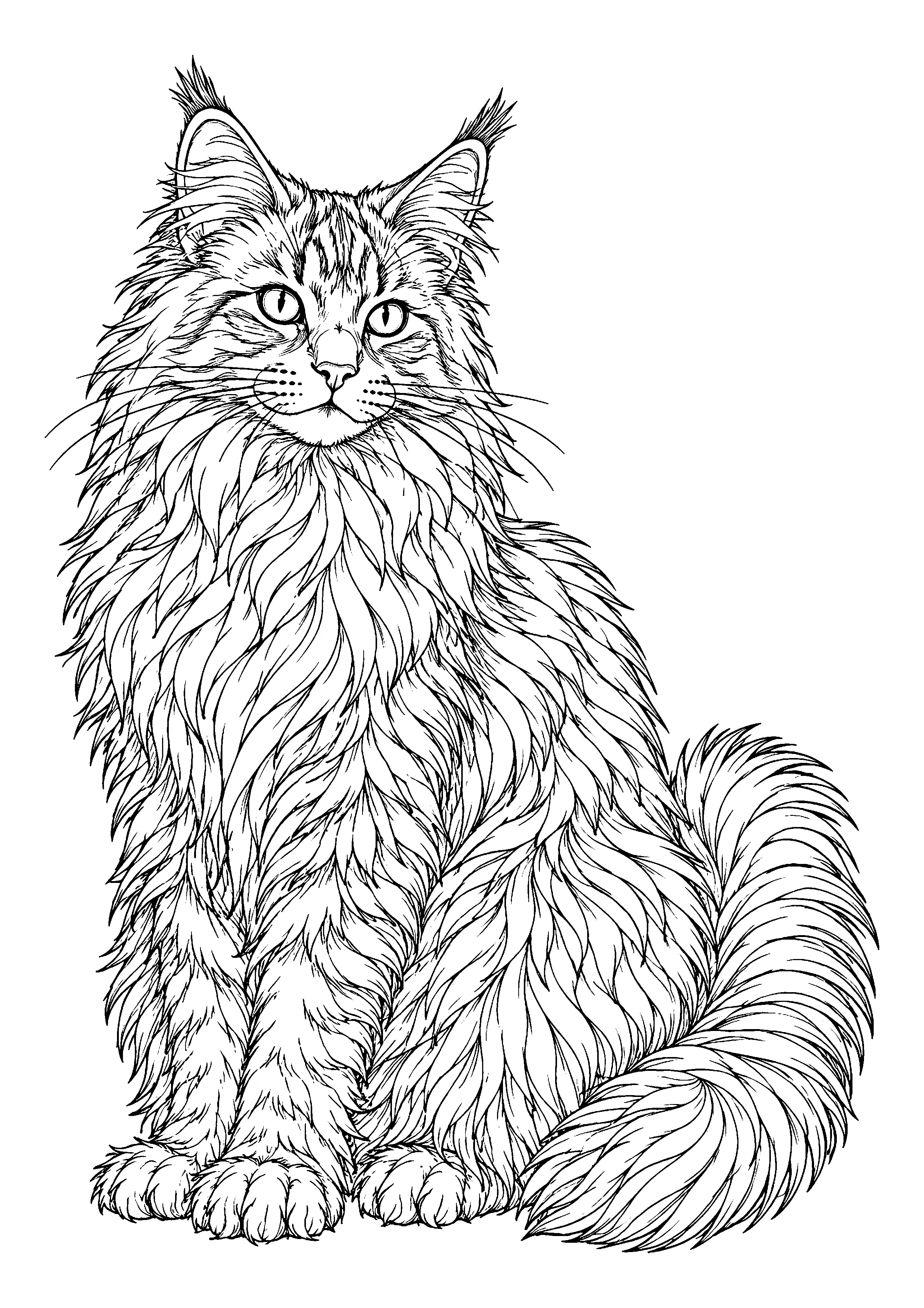 Long haired cat with ruff and plumed tail coloring page, printable line art