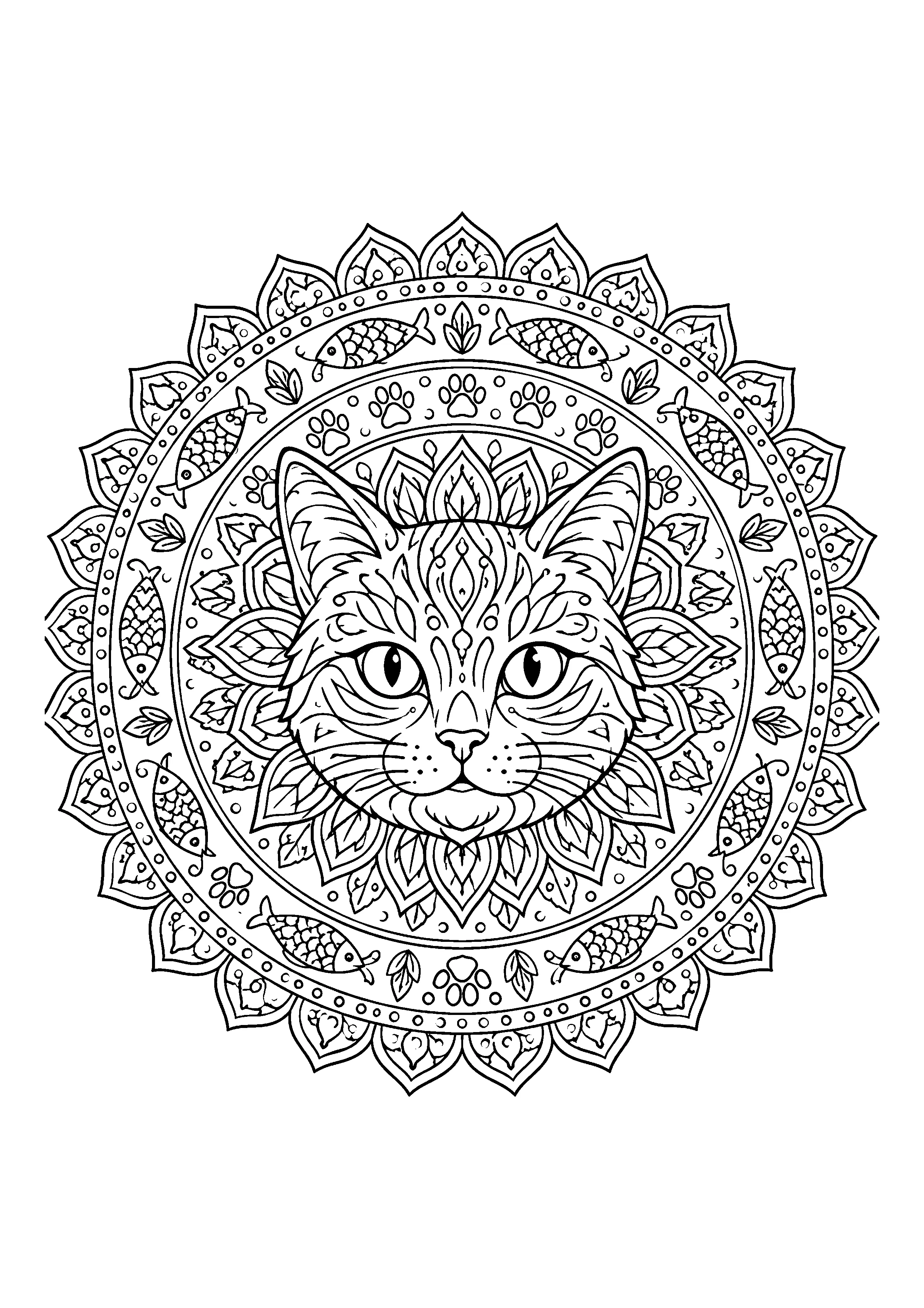 Cat face mandala with paw prints and fish coloring page, printable line art