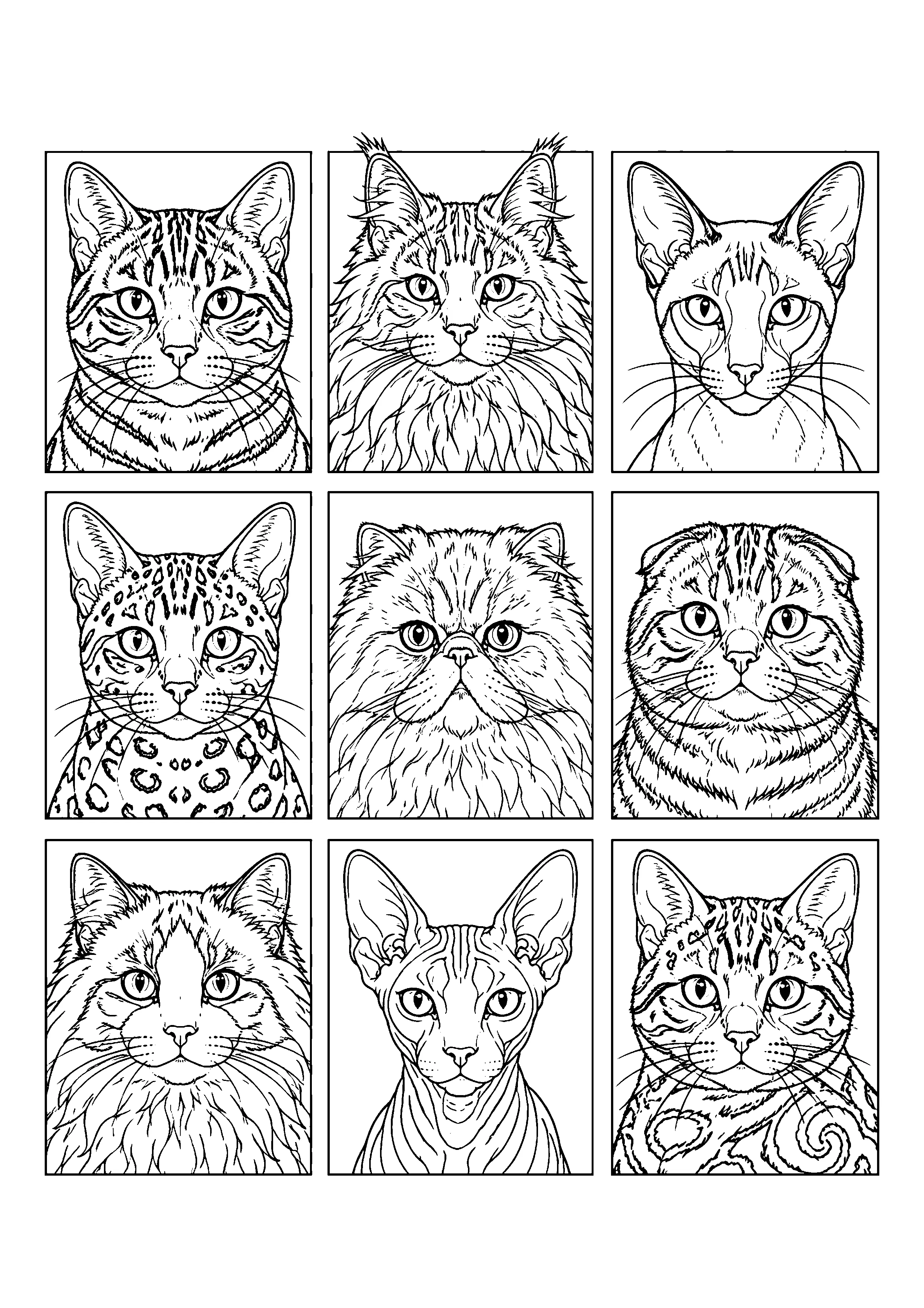Nine cat portraits grid coloring page, printable line art