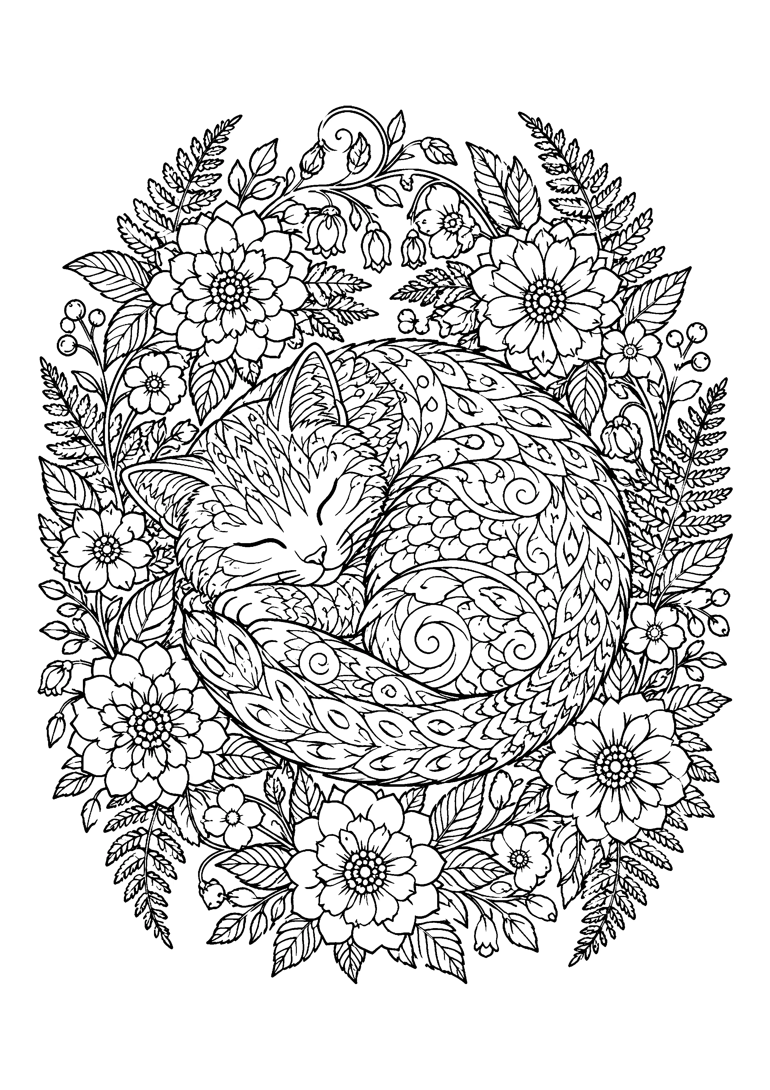 Cat in flower wreath coloring page, printable line art