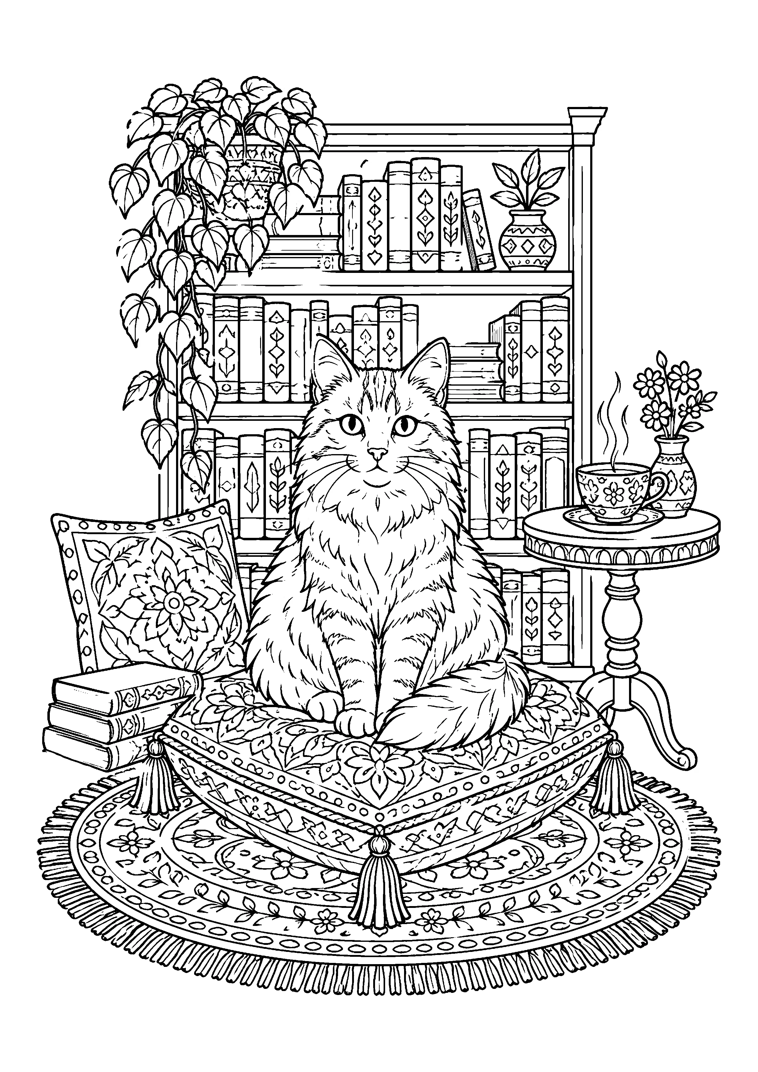 Cat on tasseled cushion coloring page, printable line art