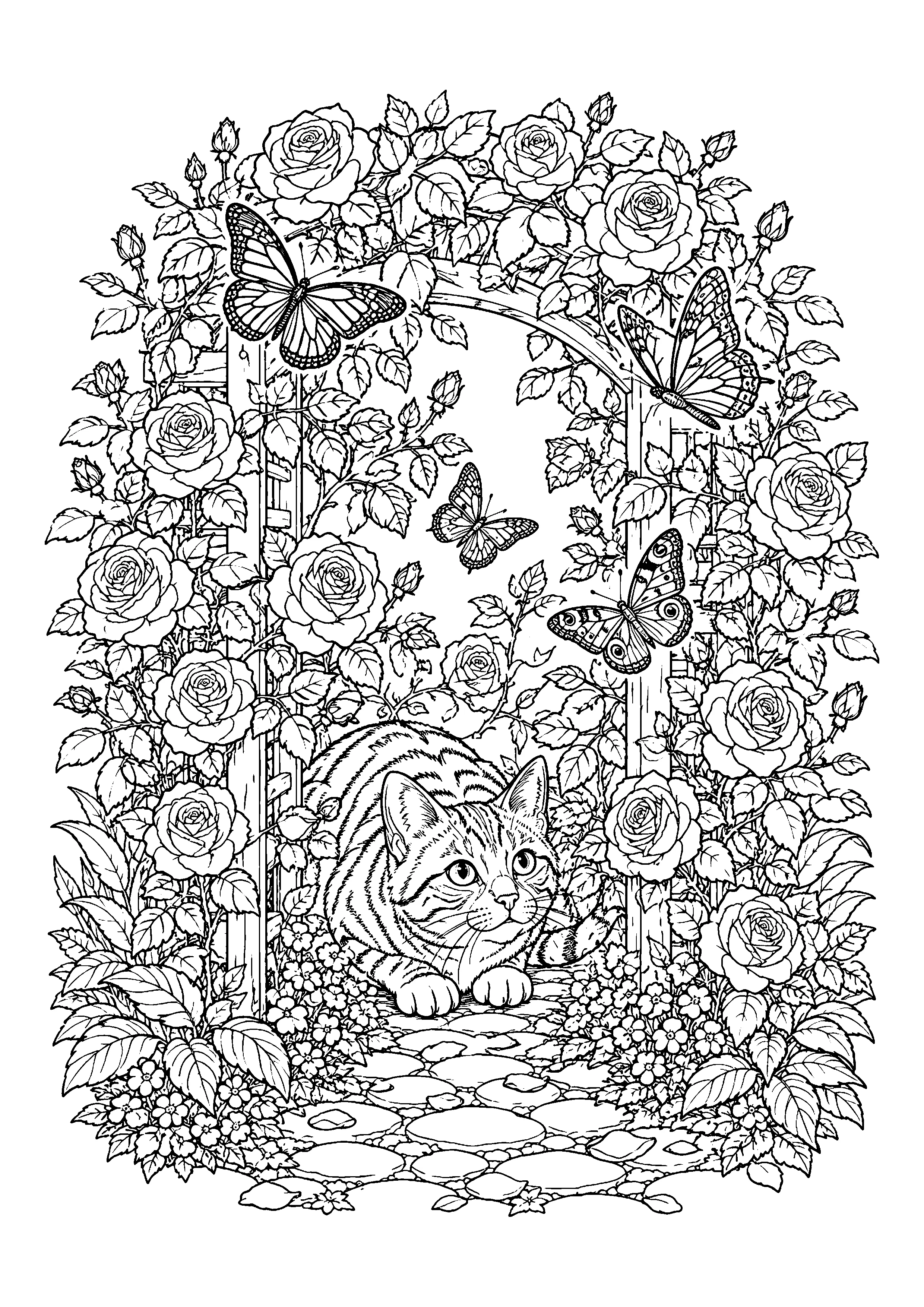 Cat beneath rose arch coloring page, printable line art