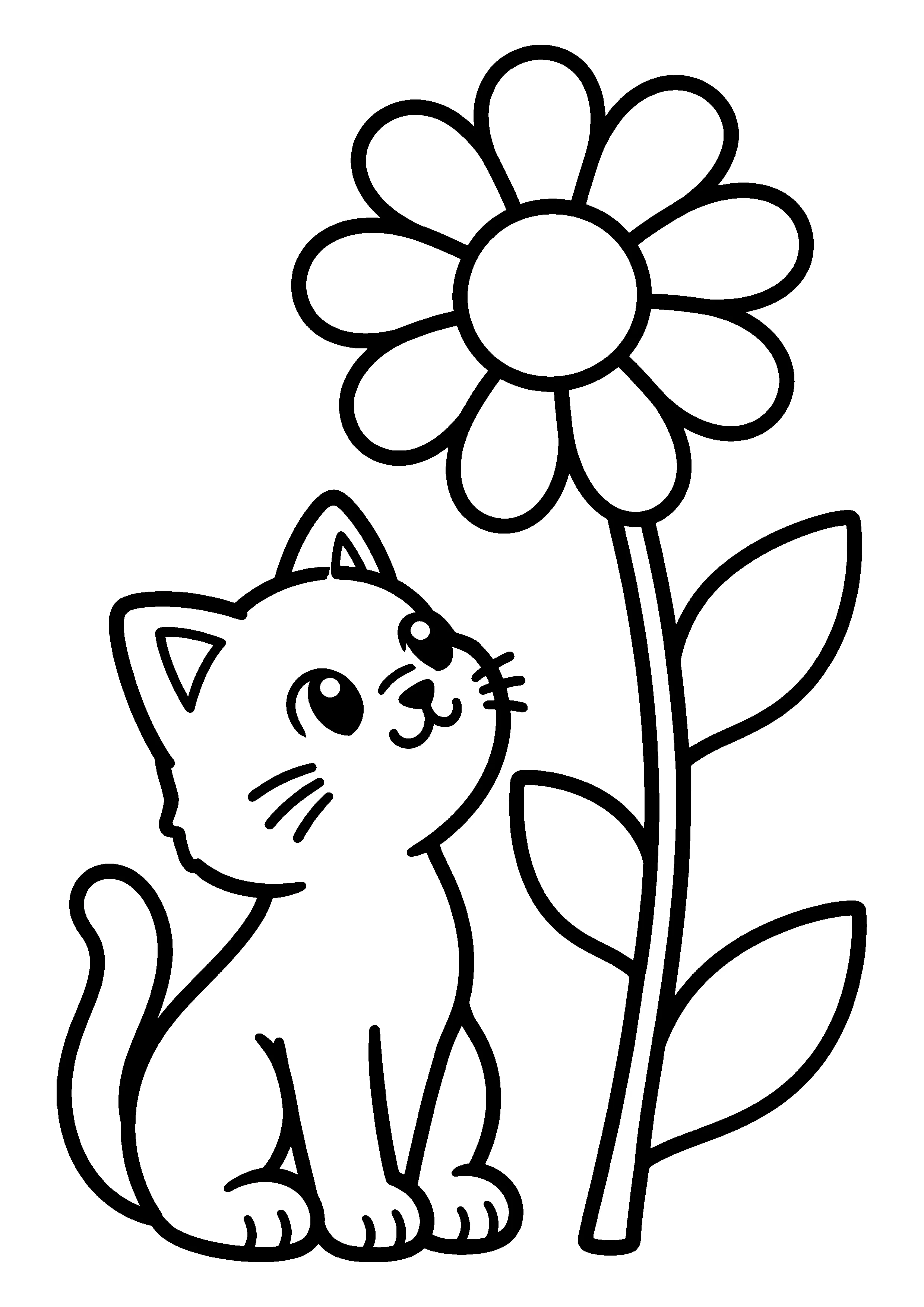Kitten beside giant daisy coloring page, printable line art