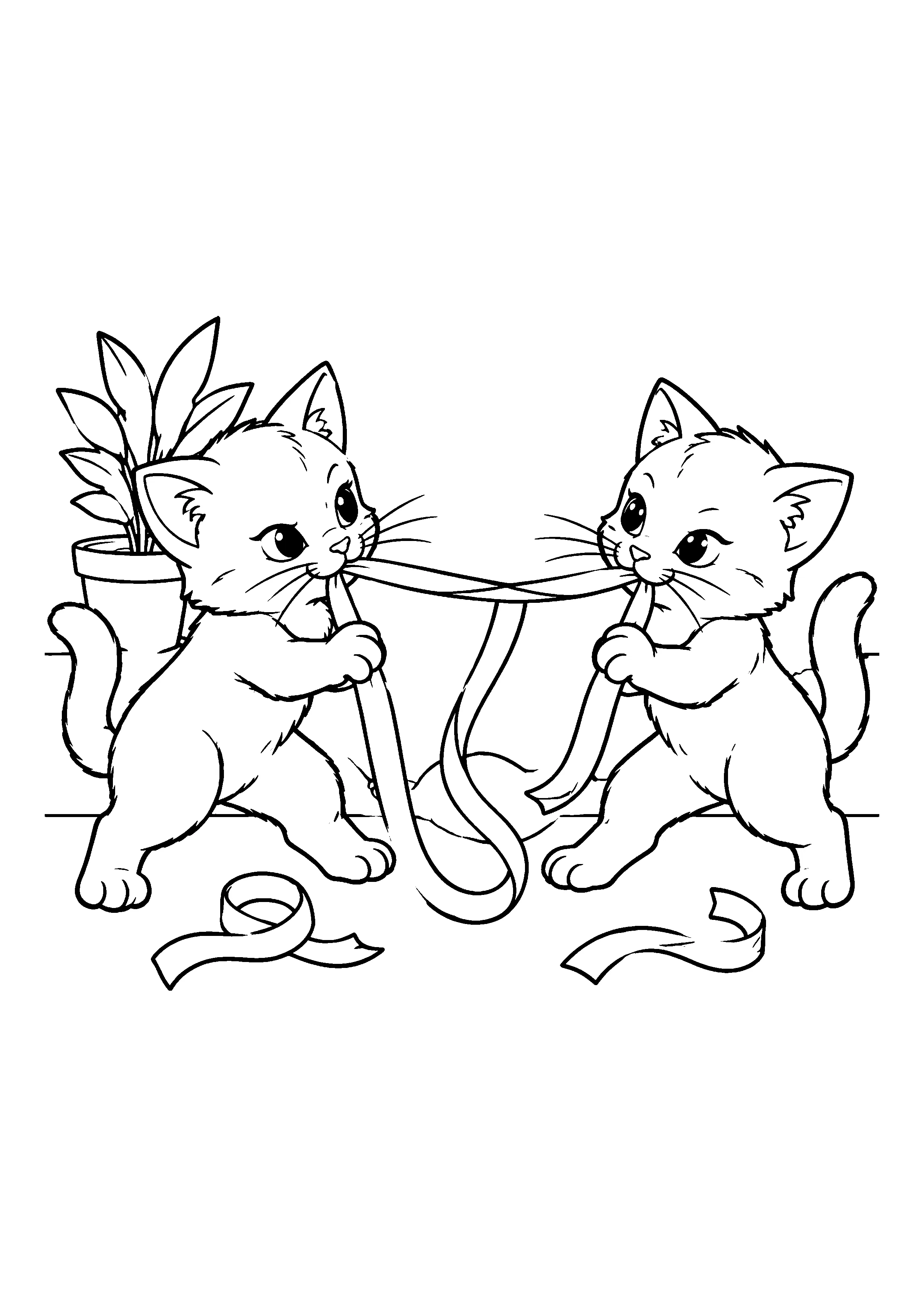 Kittens tugging a ribbon coloring page, printable line art