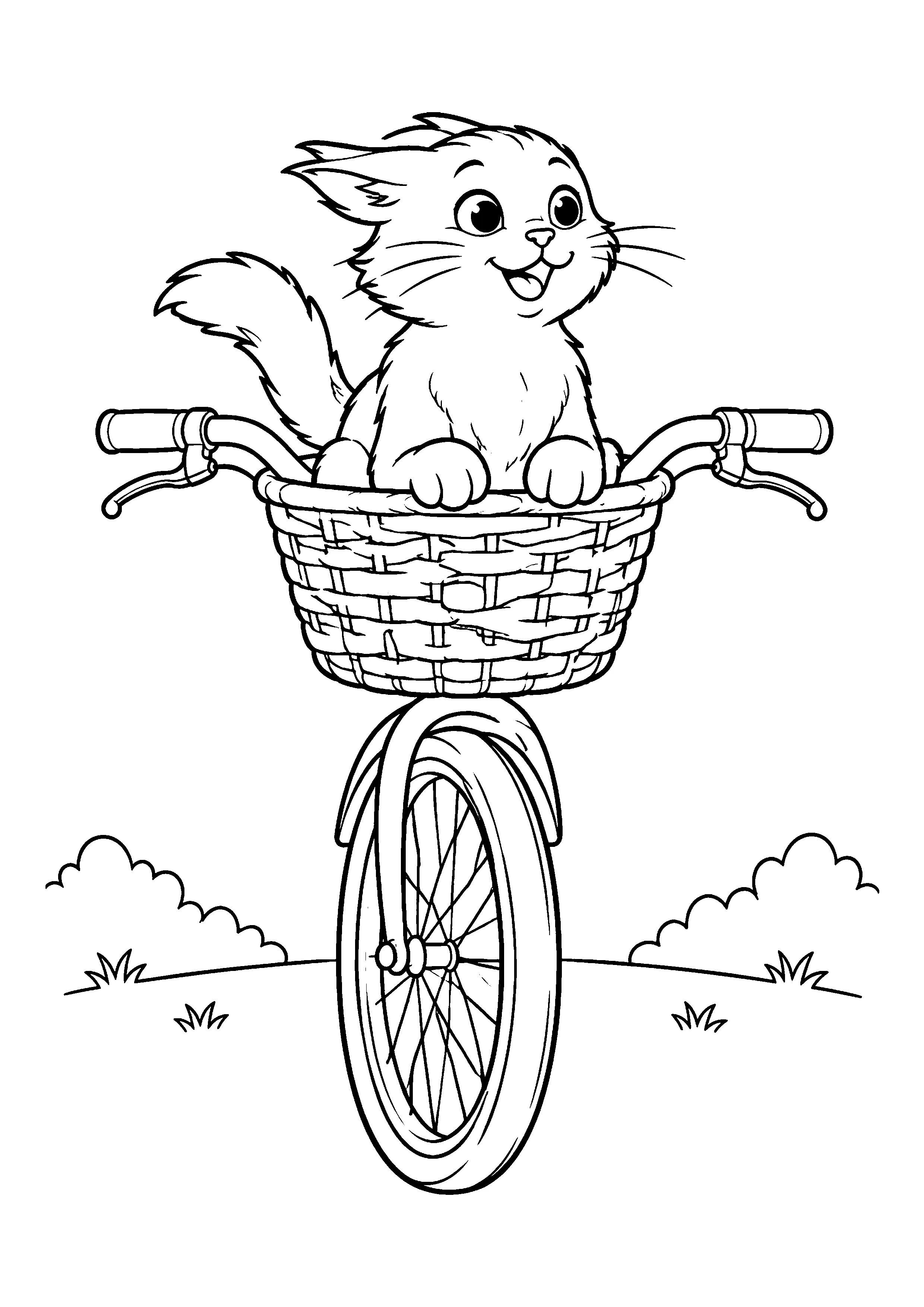 Cat in bicycle basket coloring page, printable line art