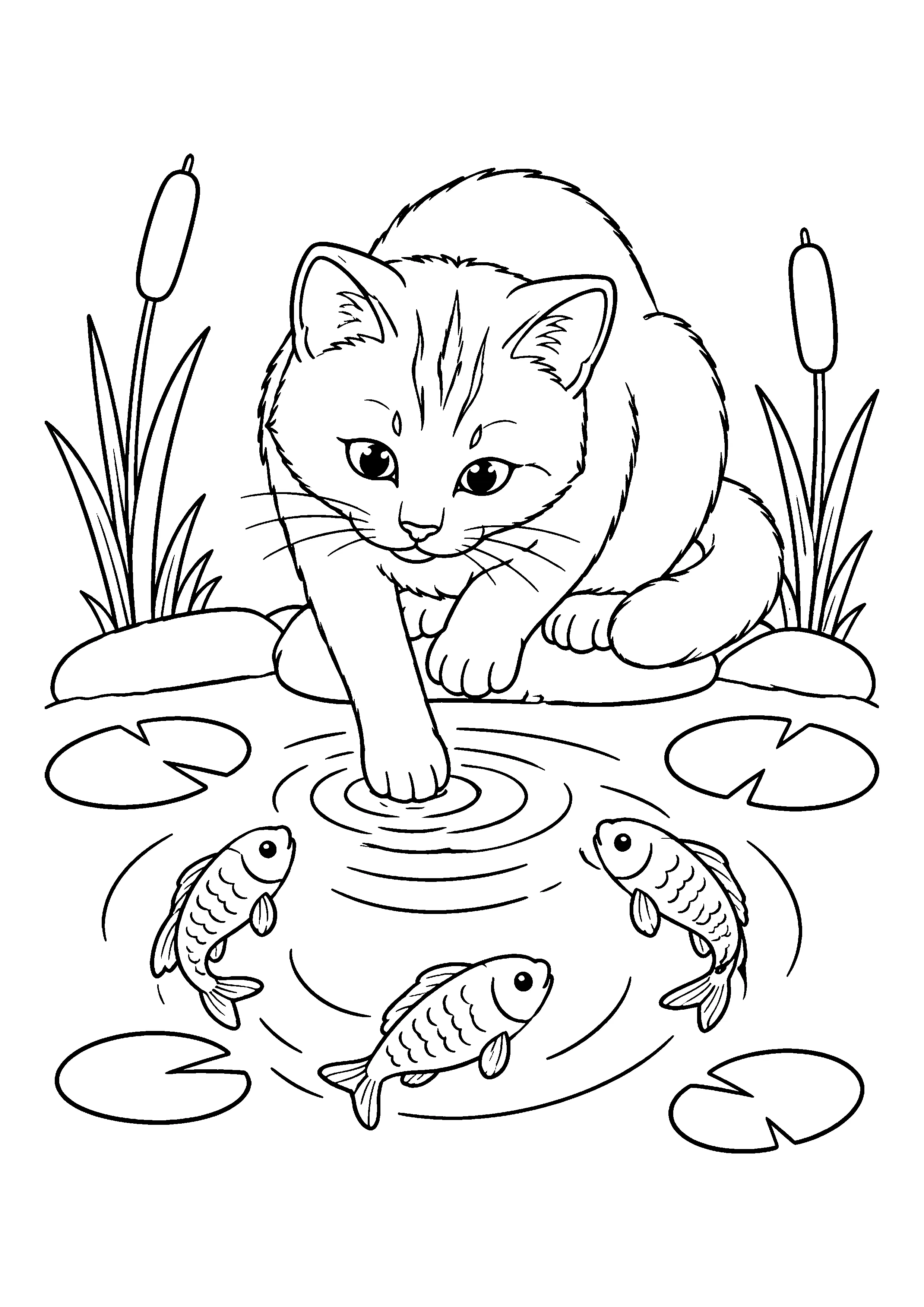 Cat pawing pond water coloring page, printable line art