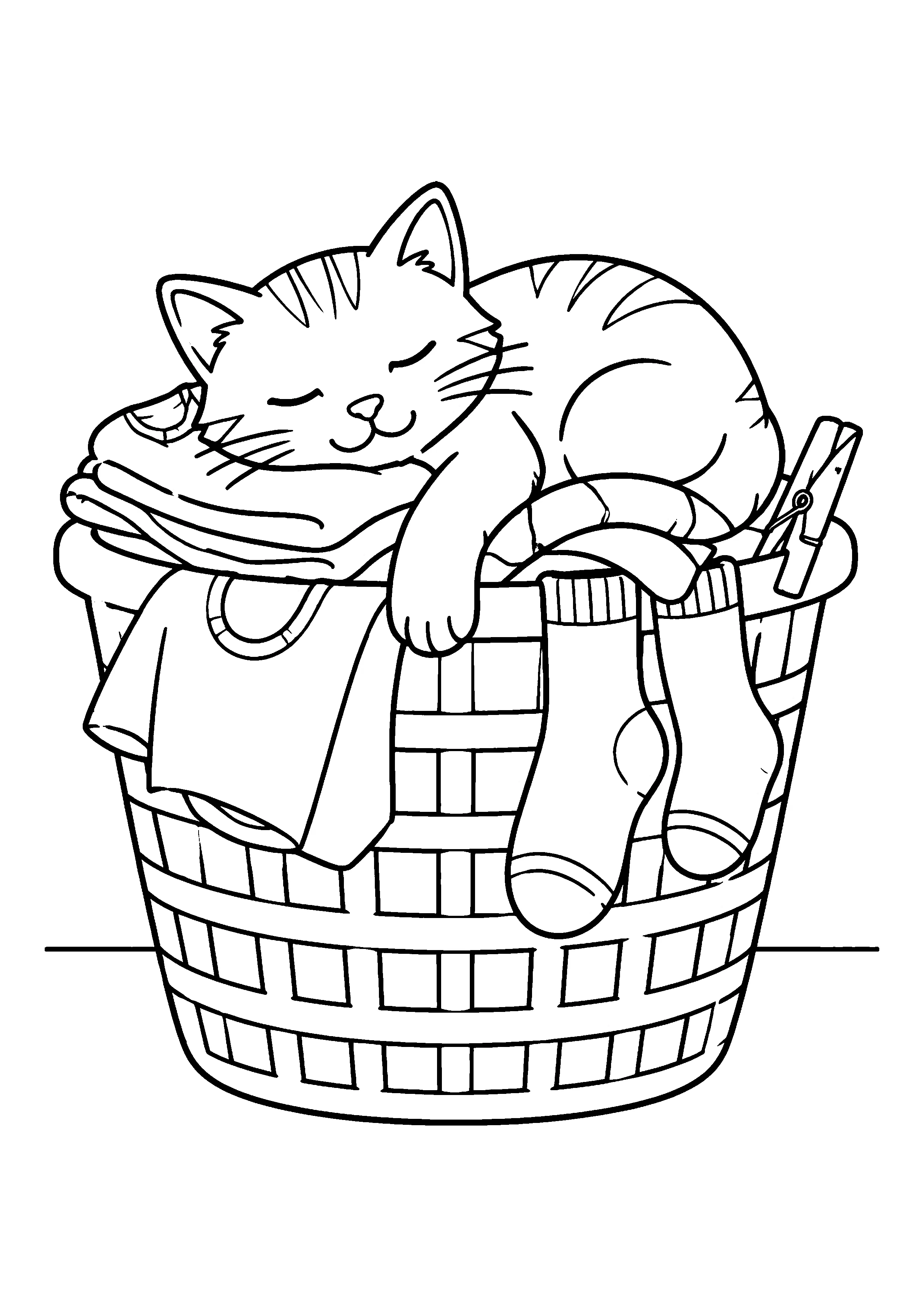 Cat in laundry basket coloring page, printable line art