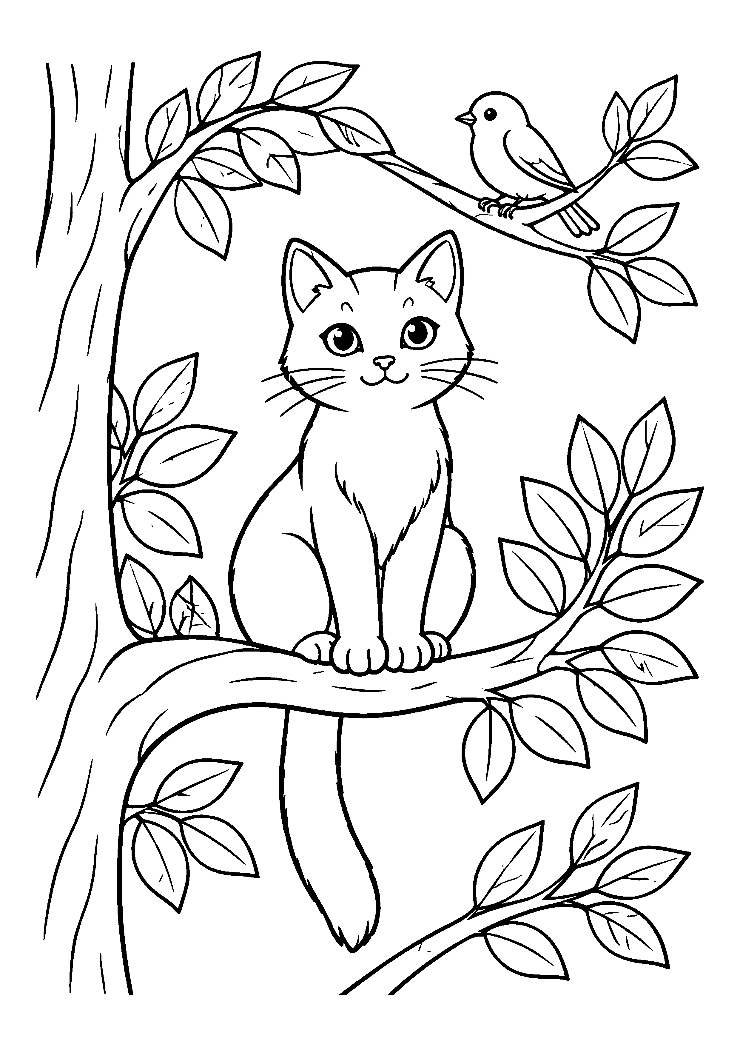 Cat on branch with bird coloring page, printable line art
