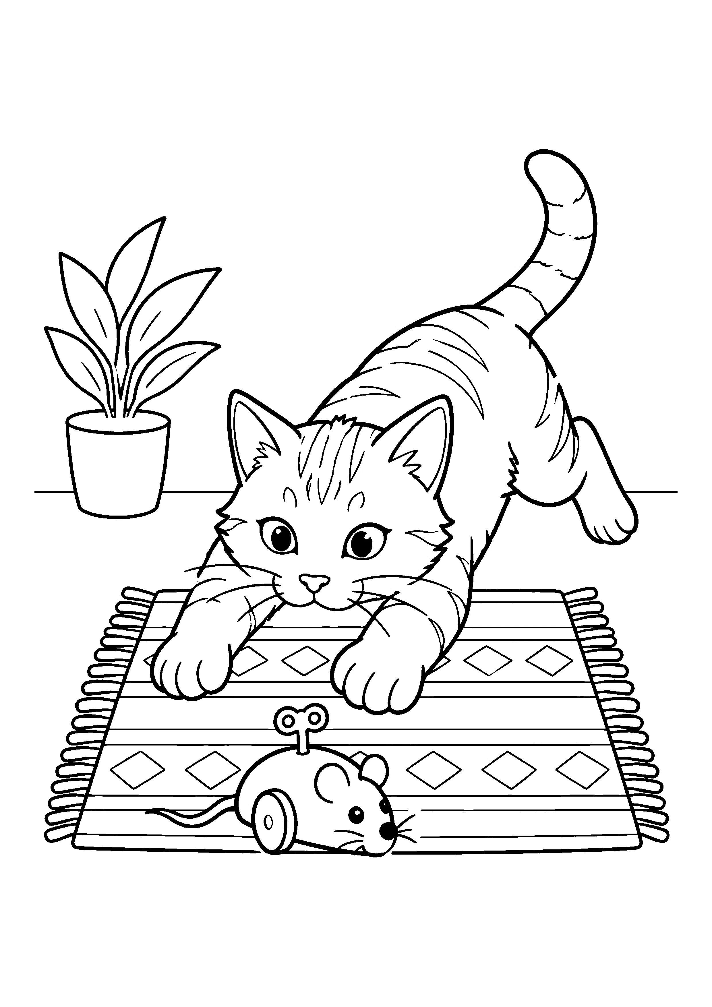 Cat with wind-up mouse coloring page, printable line art