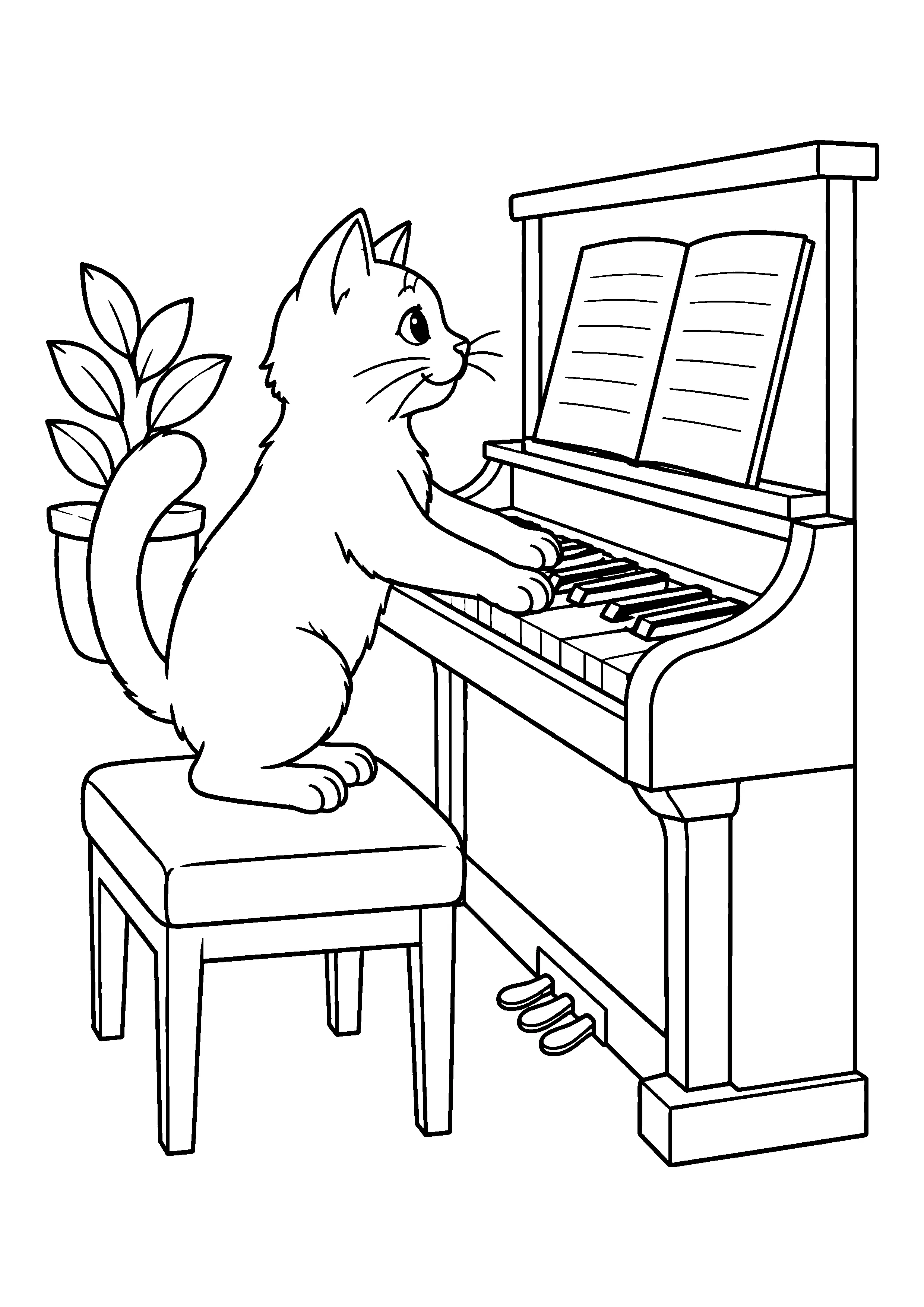 Cat playing upright piano coloring page, printable line art