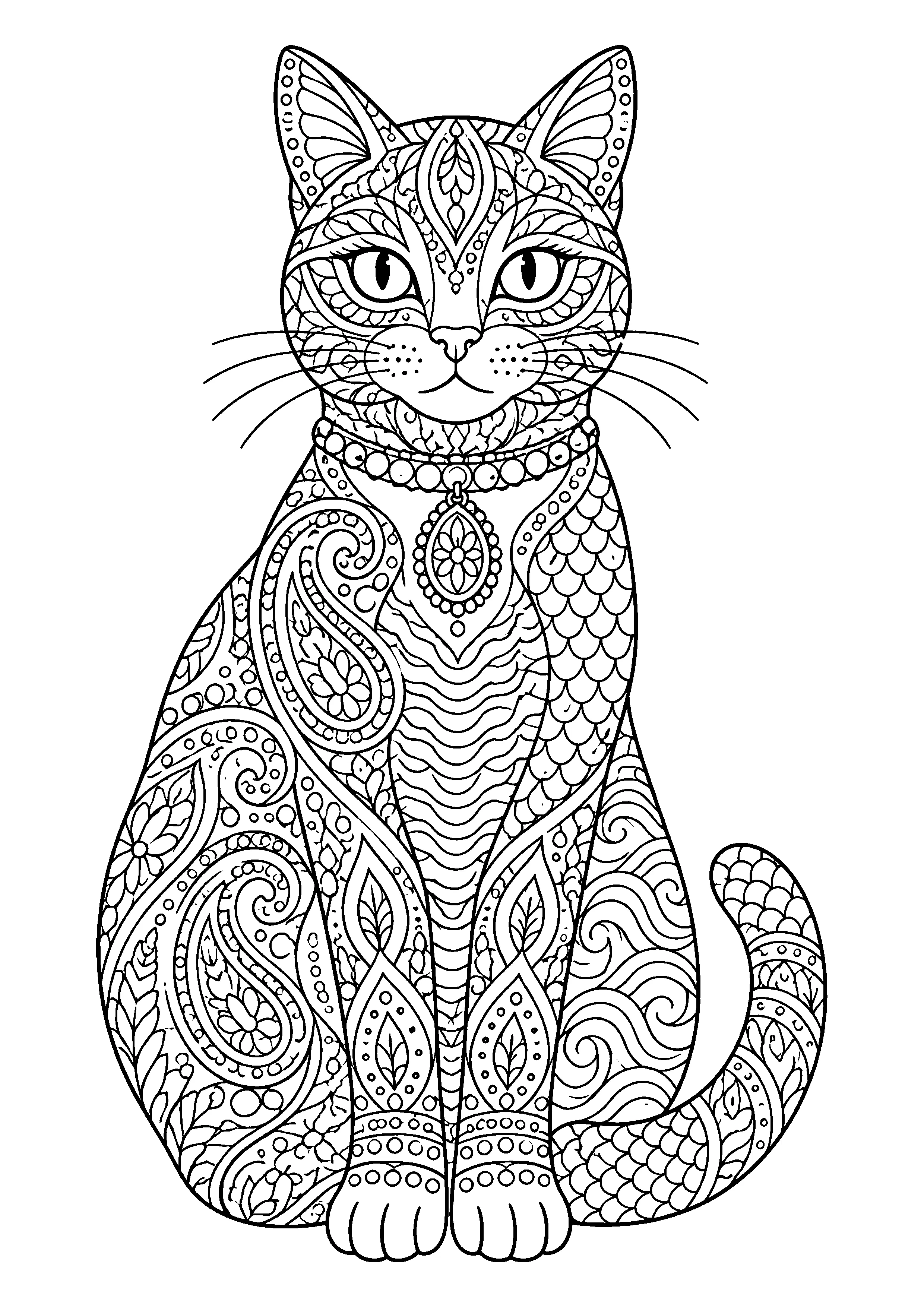 Paisley cat with beaded collar coloring page, printable line art
