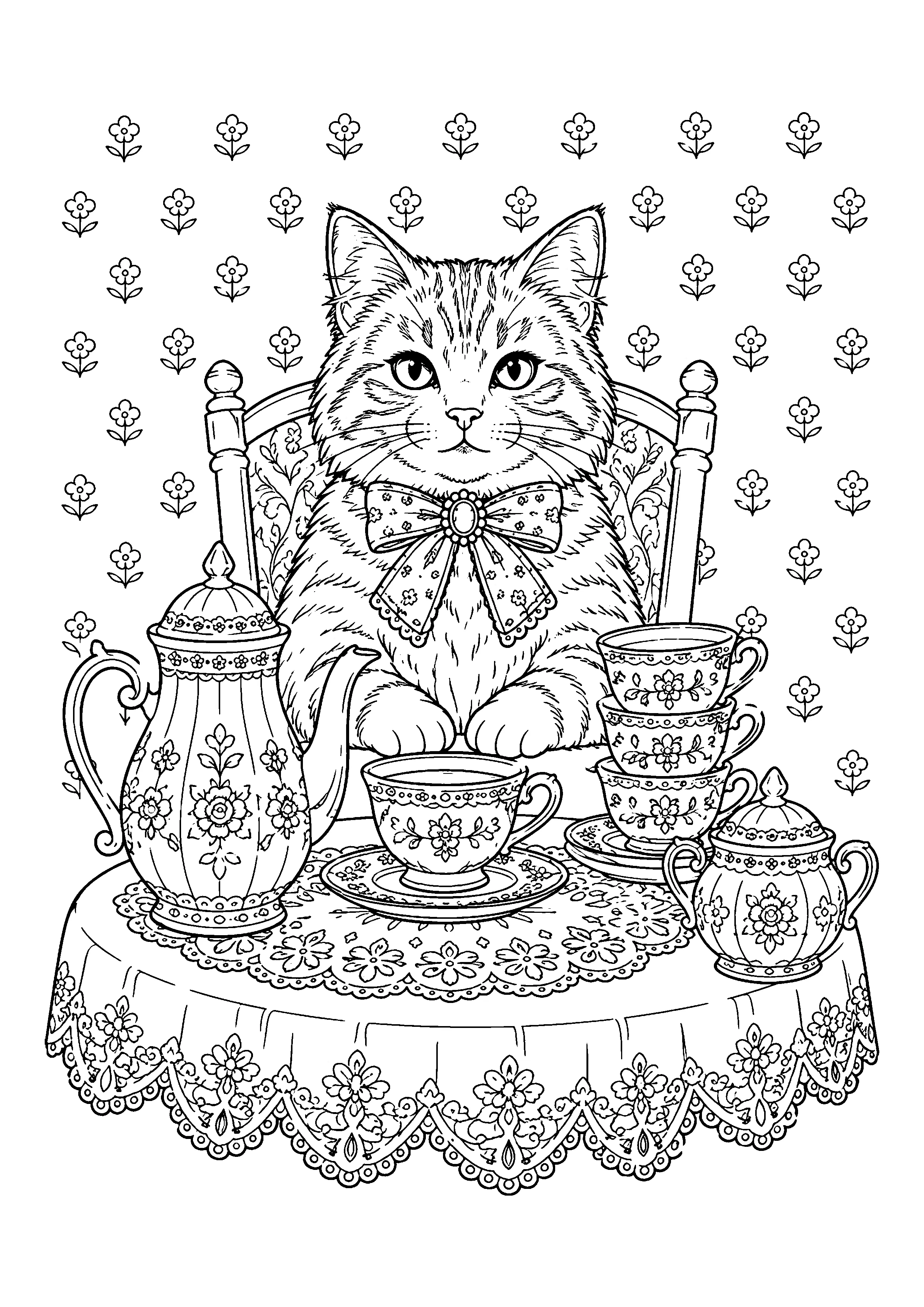 Cat at tea table coloring page, printable line art