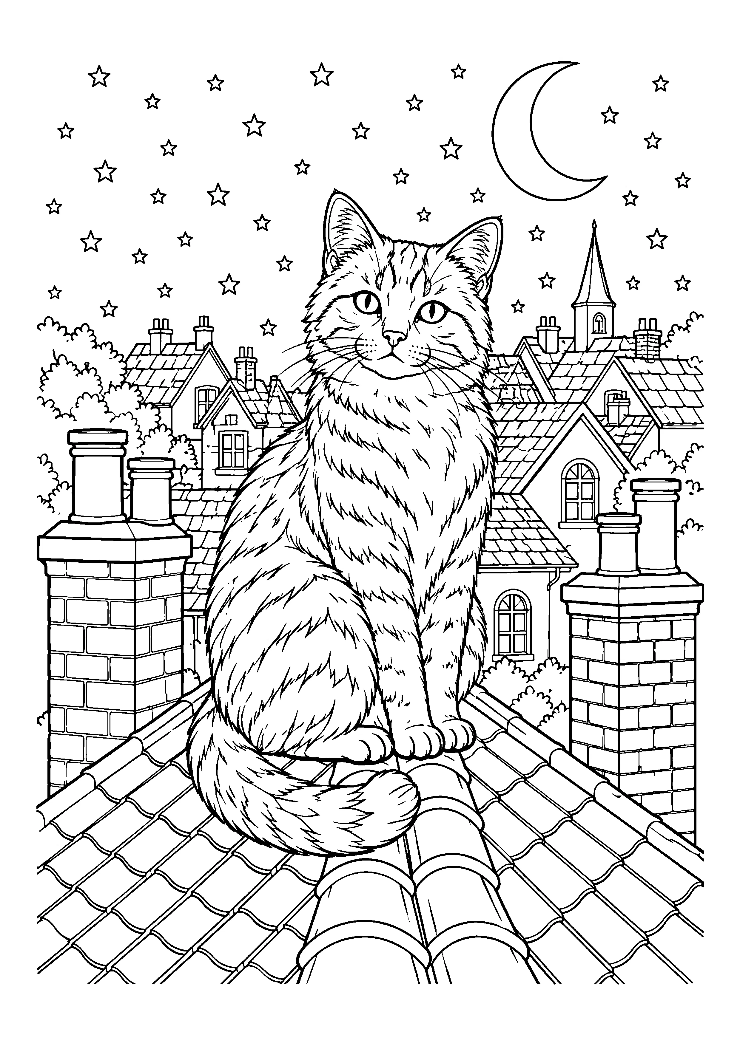 Rooftop cat with moon coloring page, printable line art