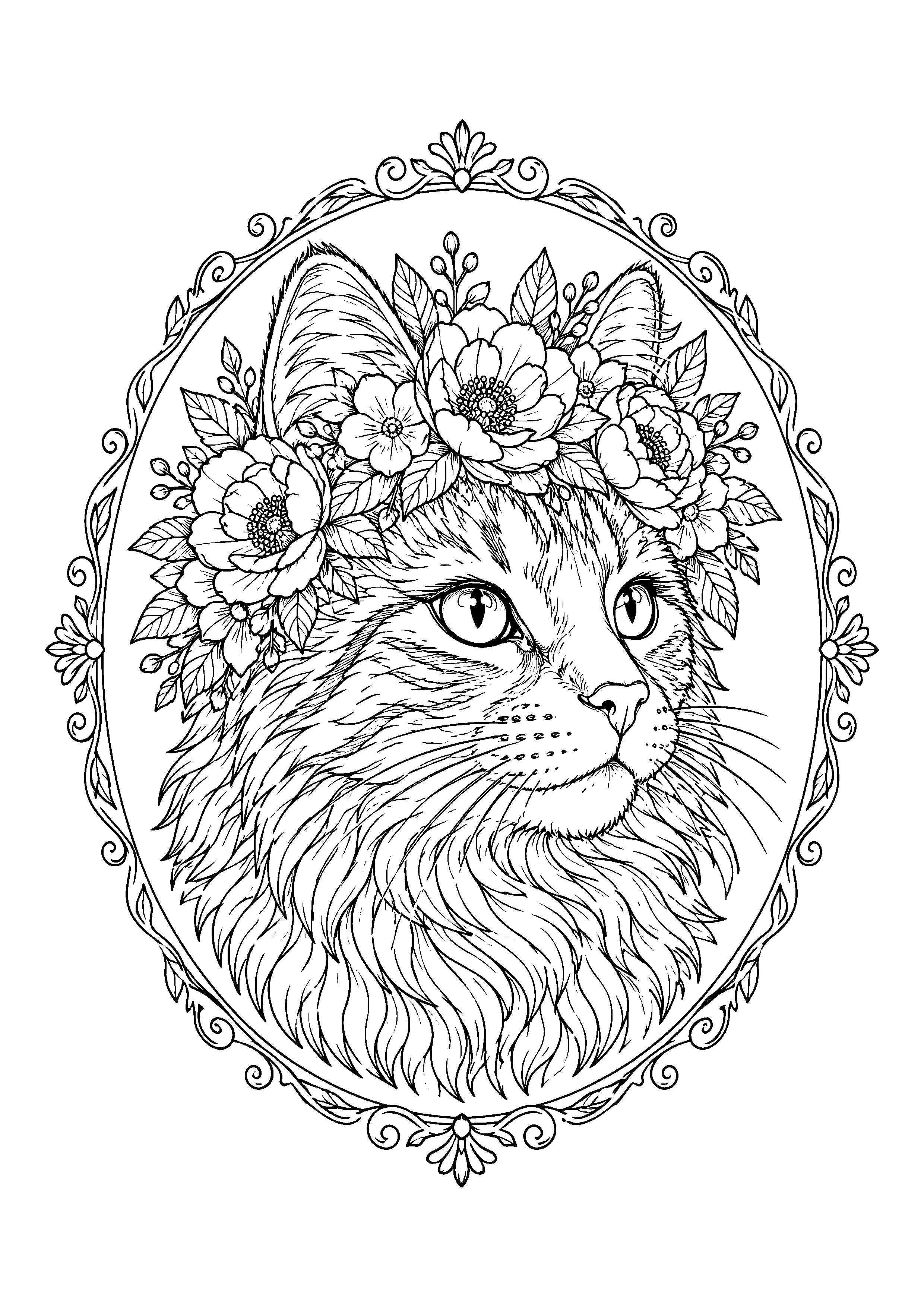 Cat with blossom crown coloring page, printable line art