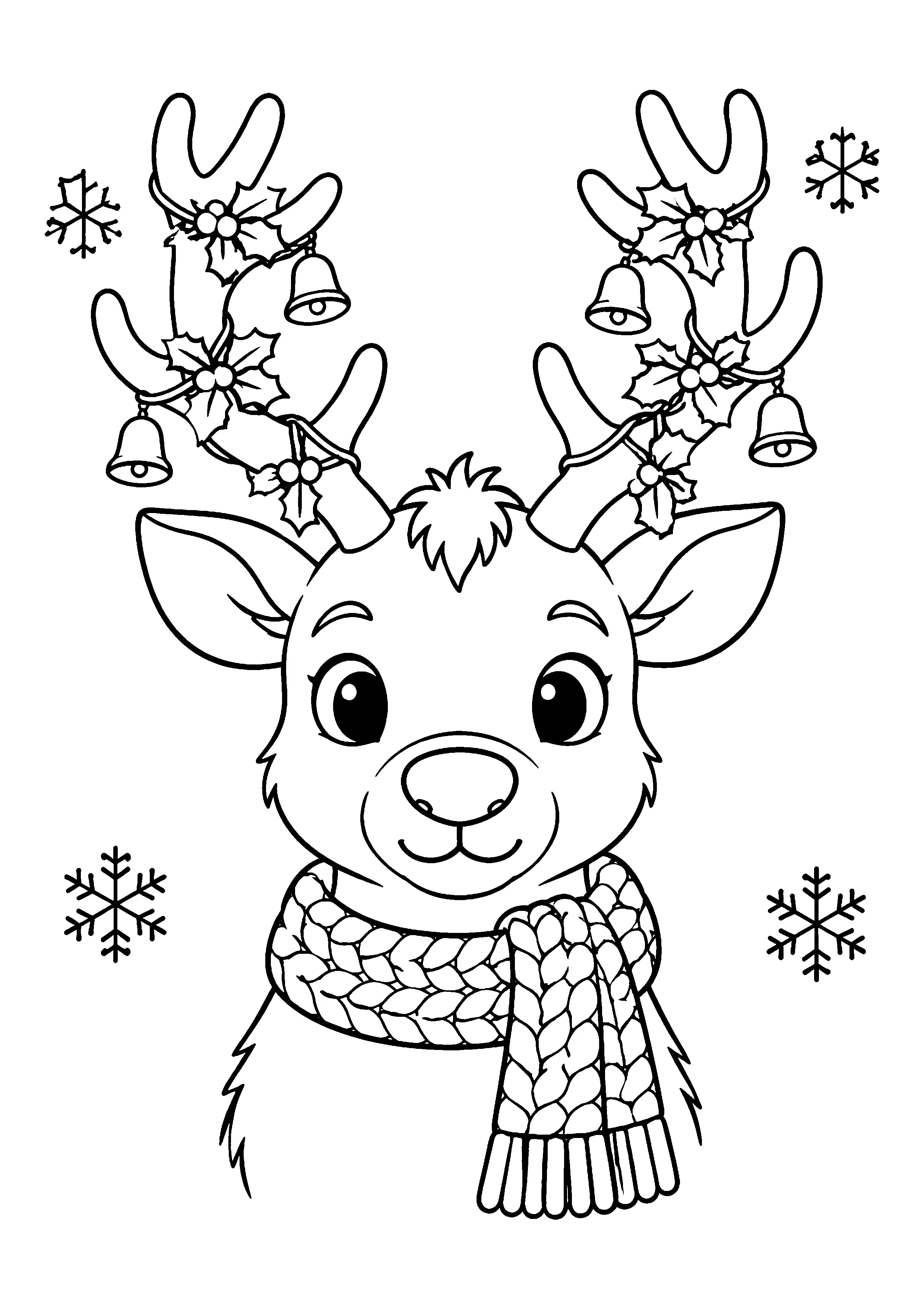 Reindeer with holly antlers coloring page, printable line art