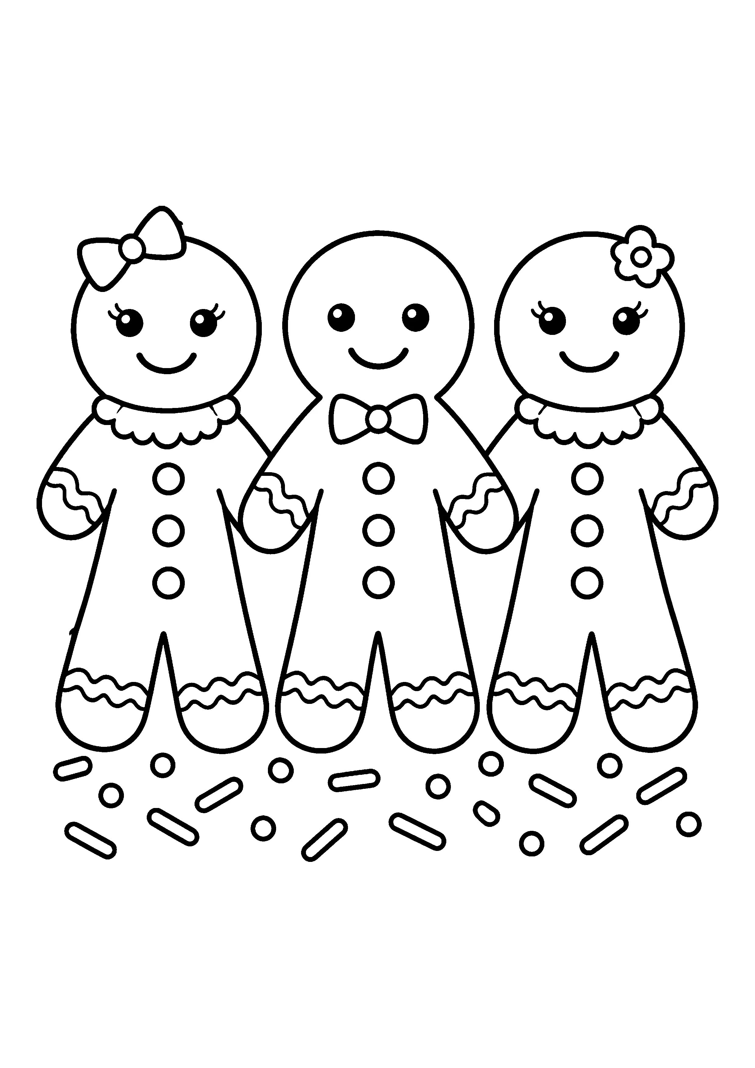 Three gingerbread cookies together coloring page, printable line art