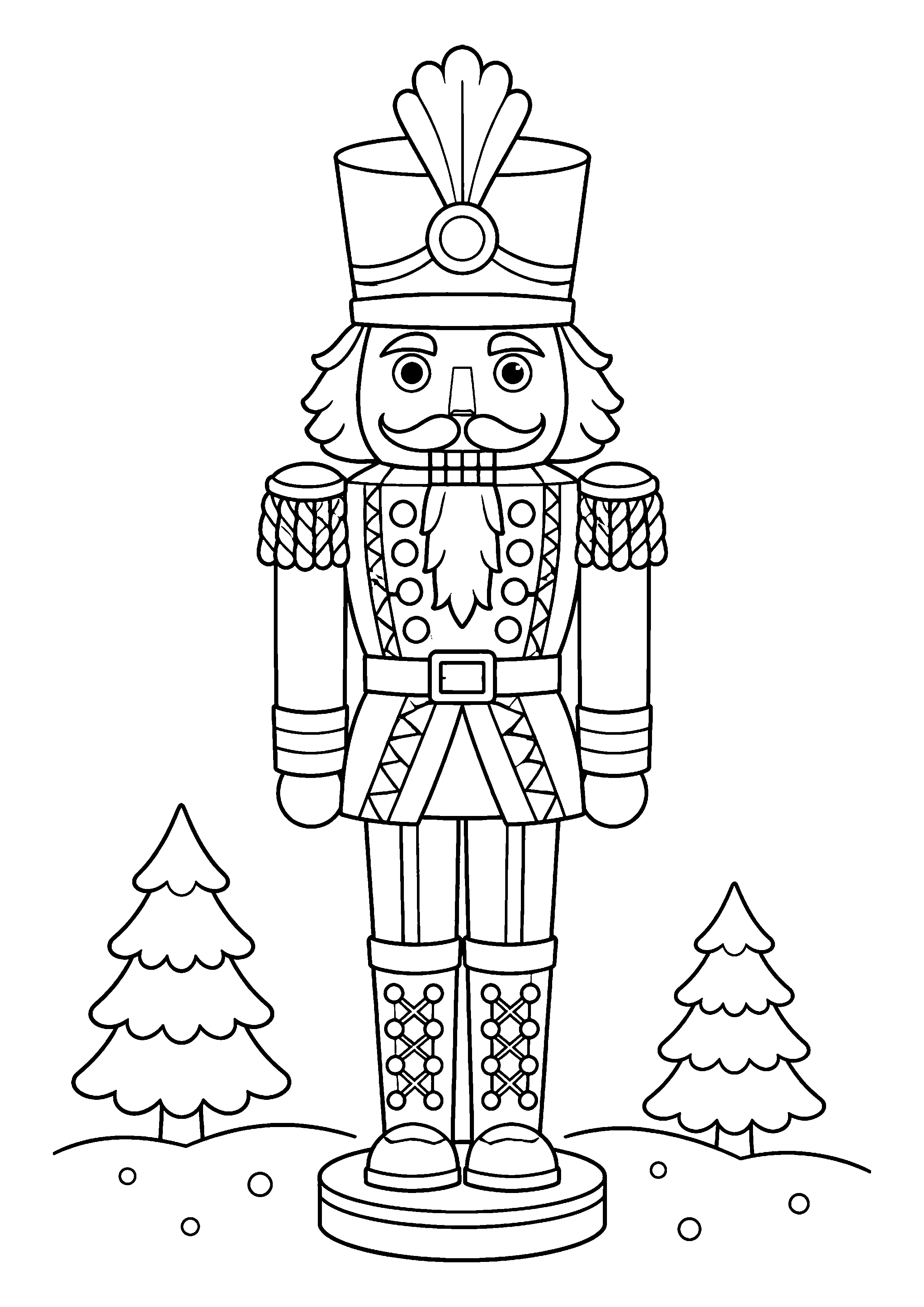 Nutcracker soldier with fir trees coloring page, printable line art