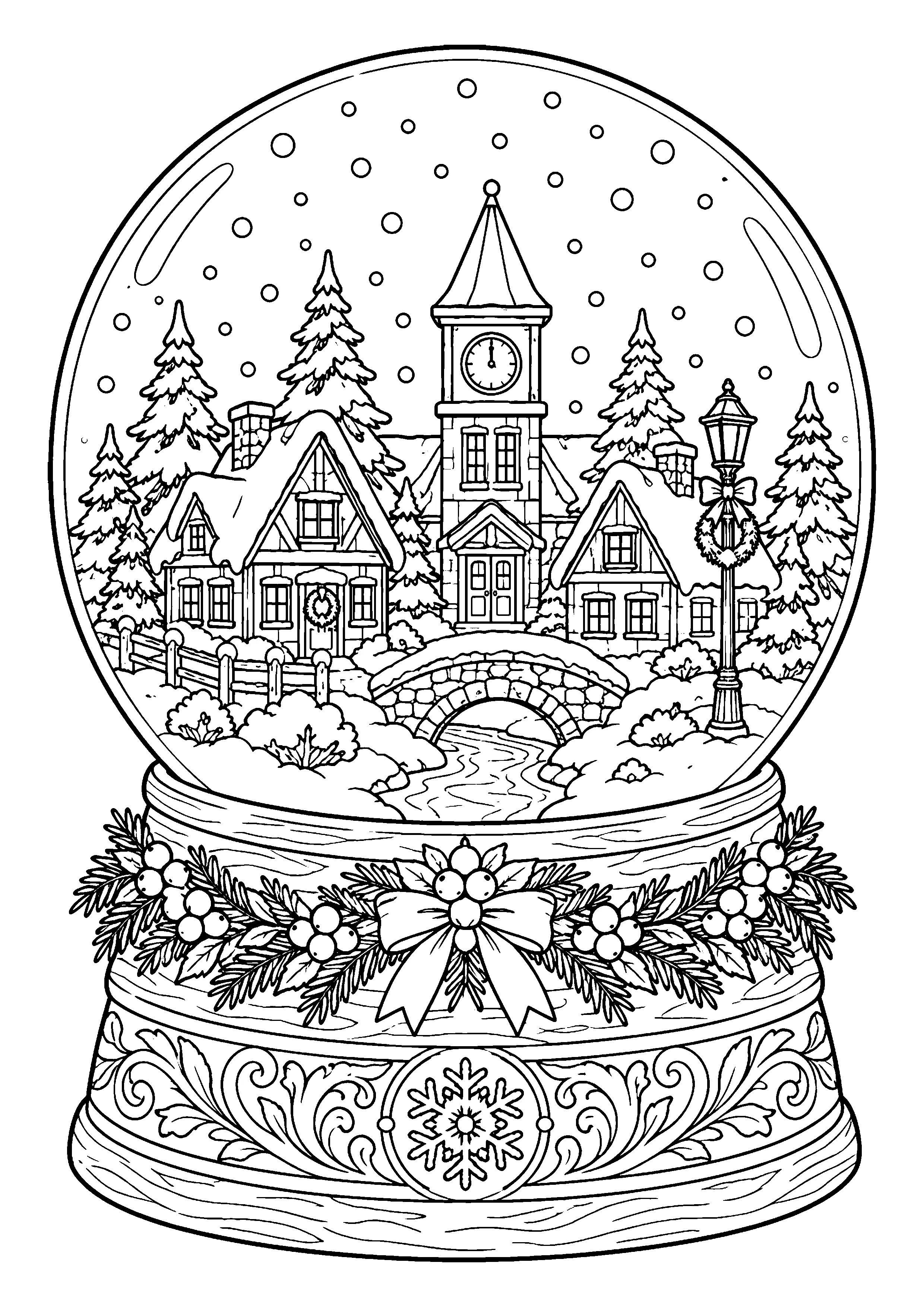 Snow globe Christmas village coloring page, printable line art