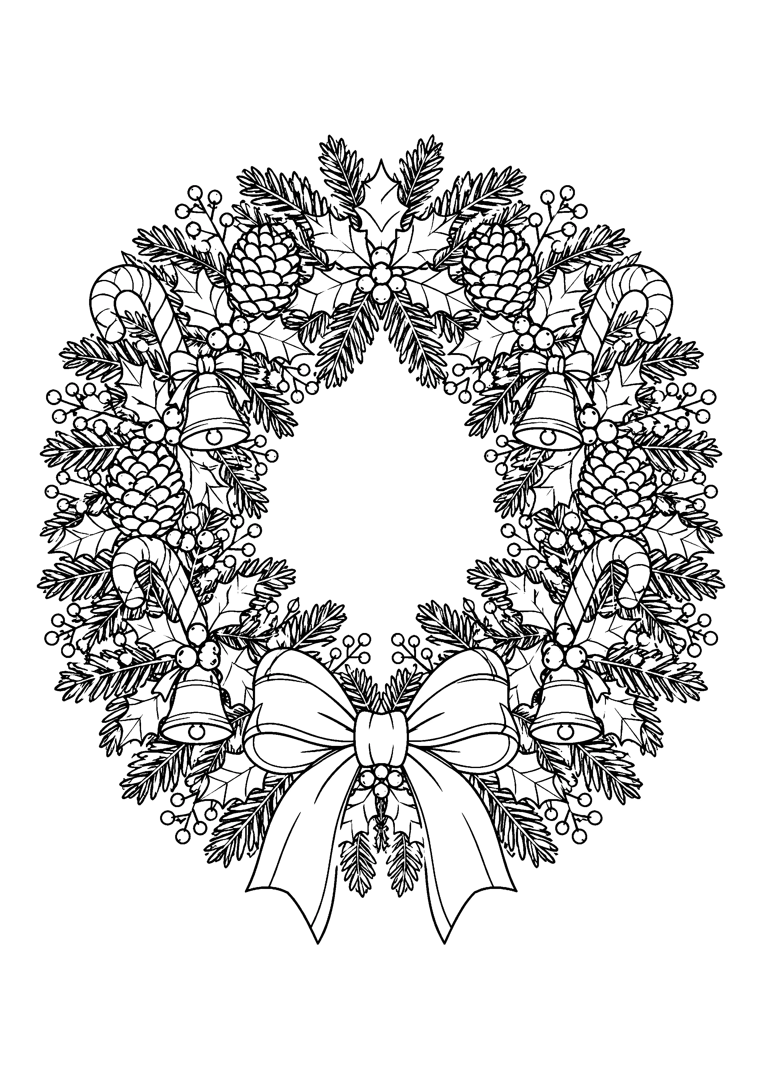 Christmas wreath with bow coloring page, printable line art