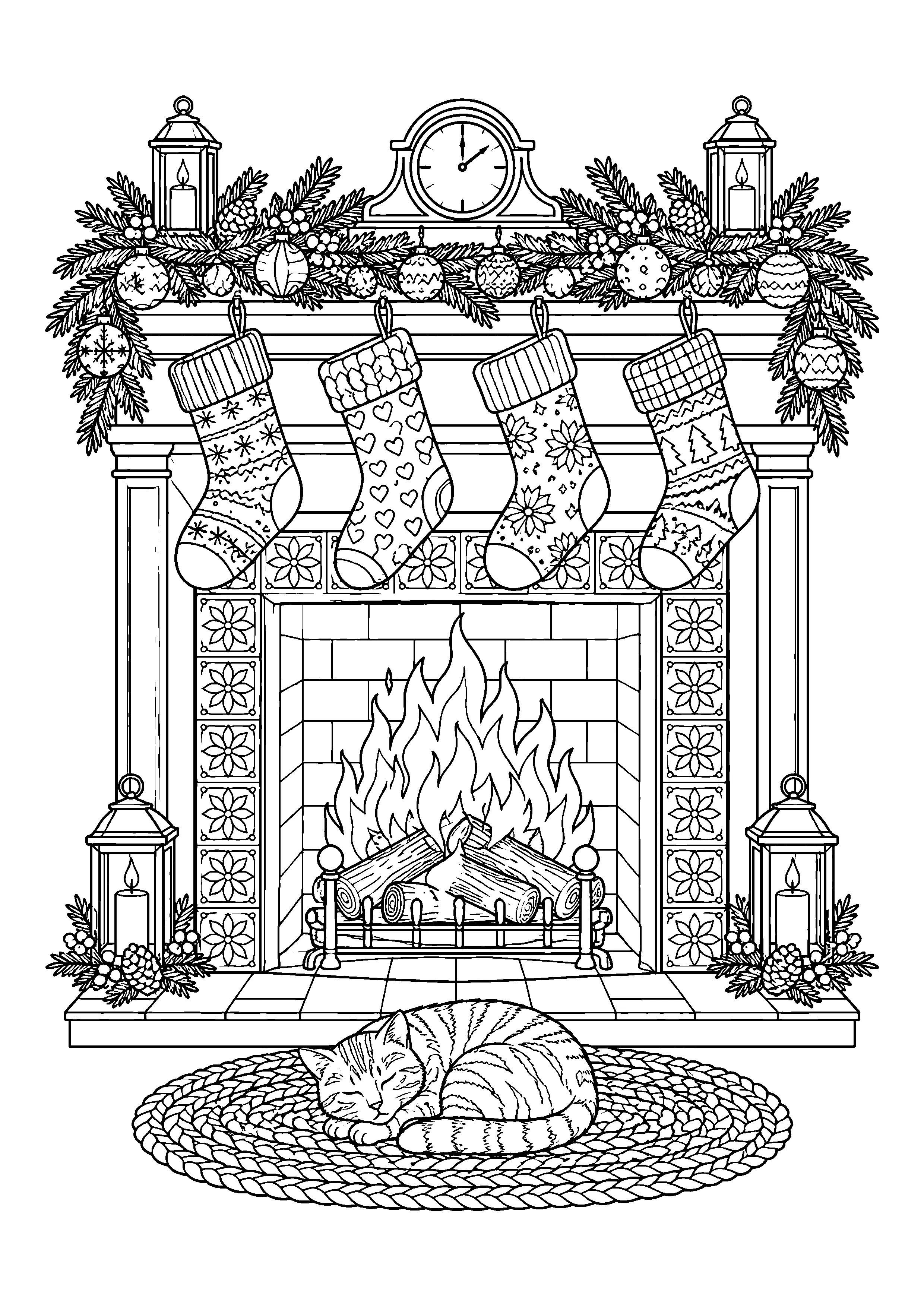 Christmas fireplace with cat coloring page, printable line art
