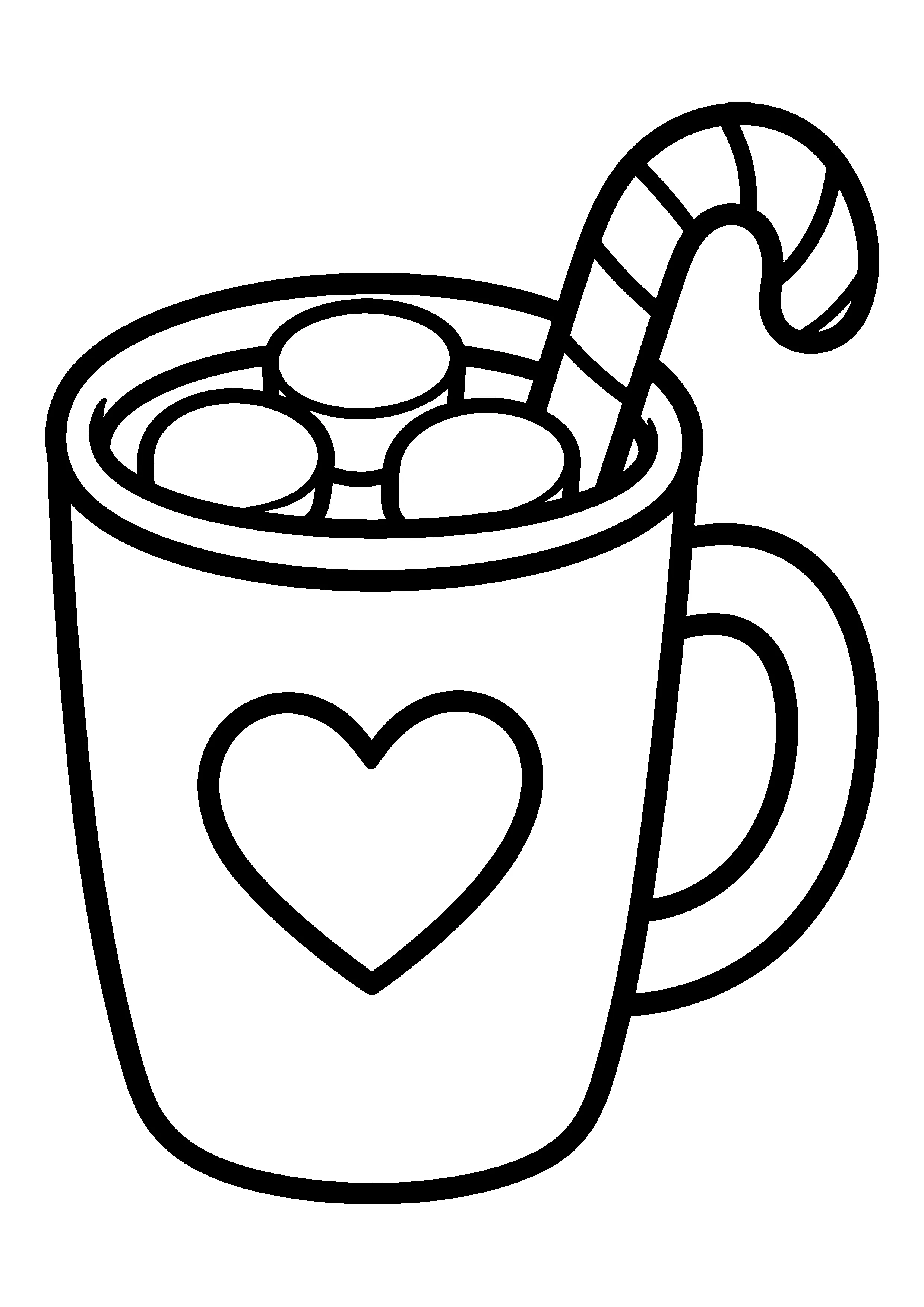 Hot cocoa mug with candy cane coloring page, printable line art