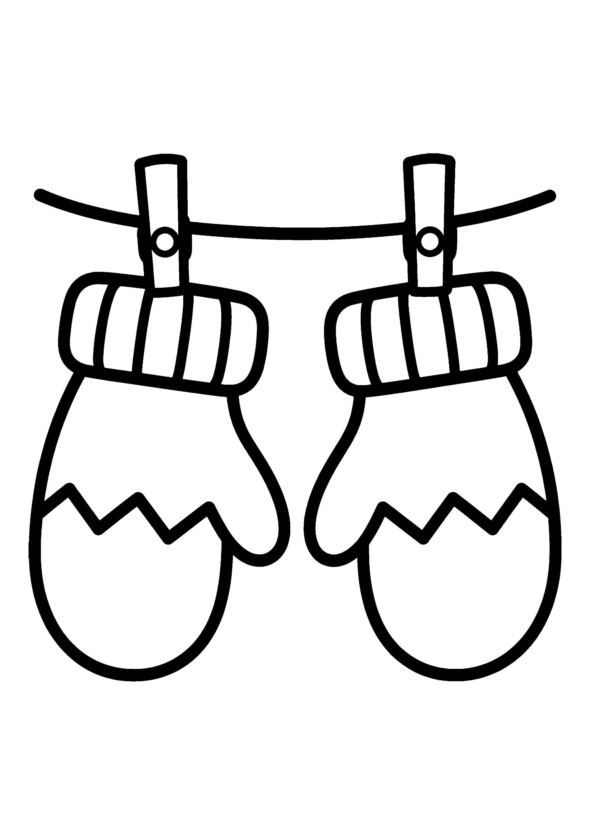 Two mittens on a clothesline coloring page, printable line art