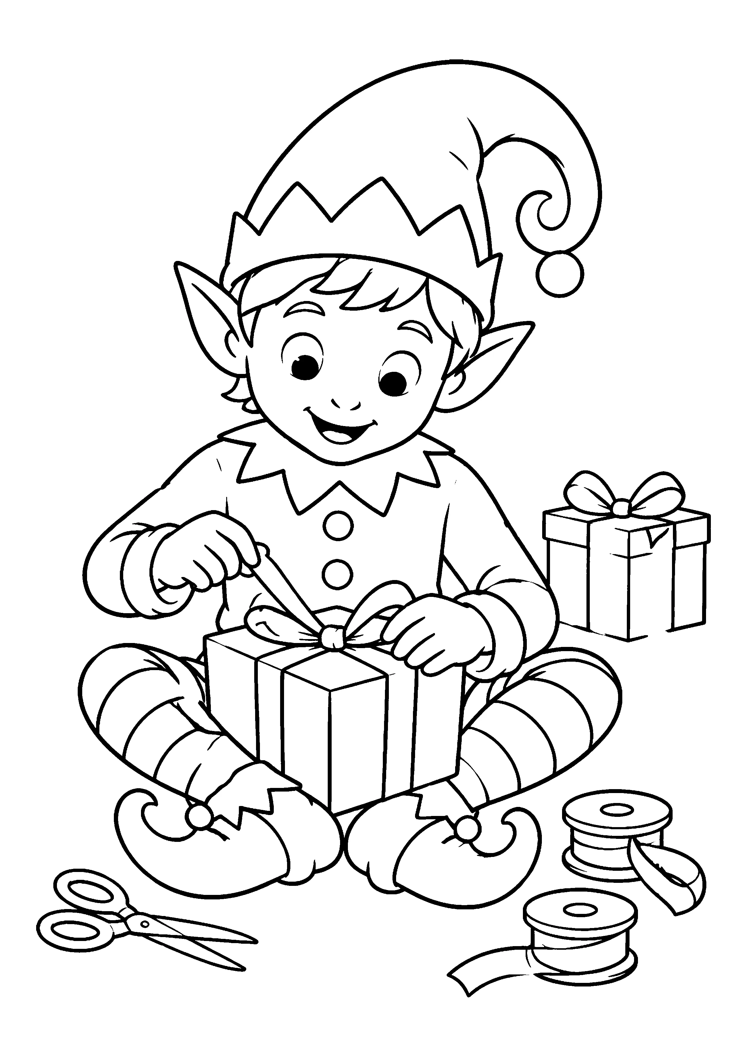 Elf wrapping a gift coloring page, printable line art
