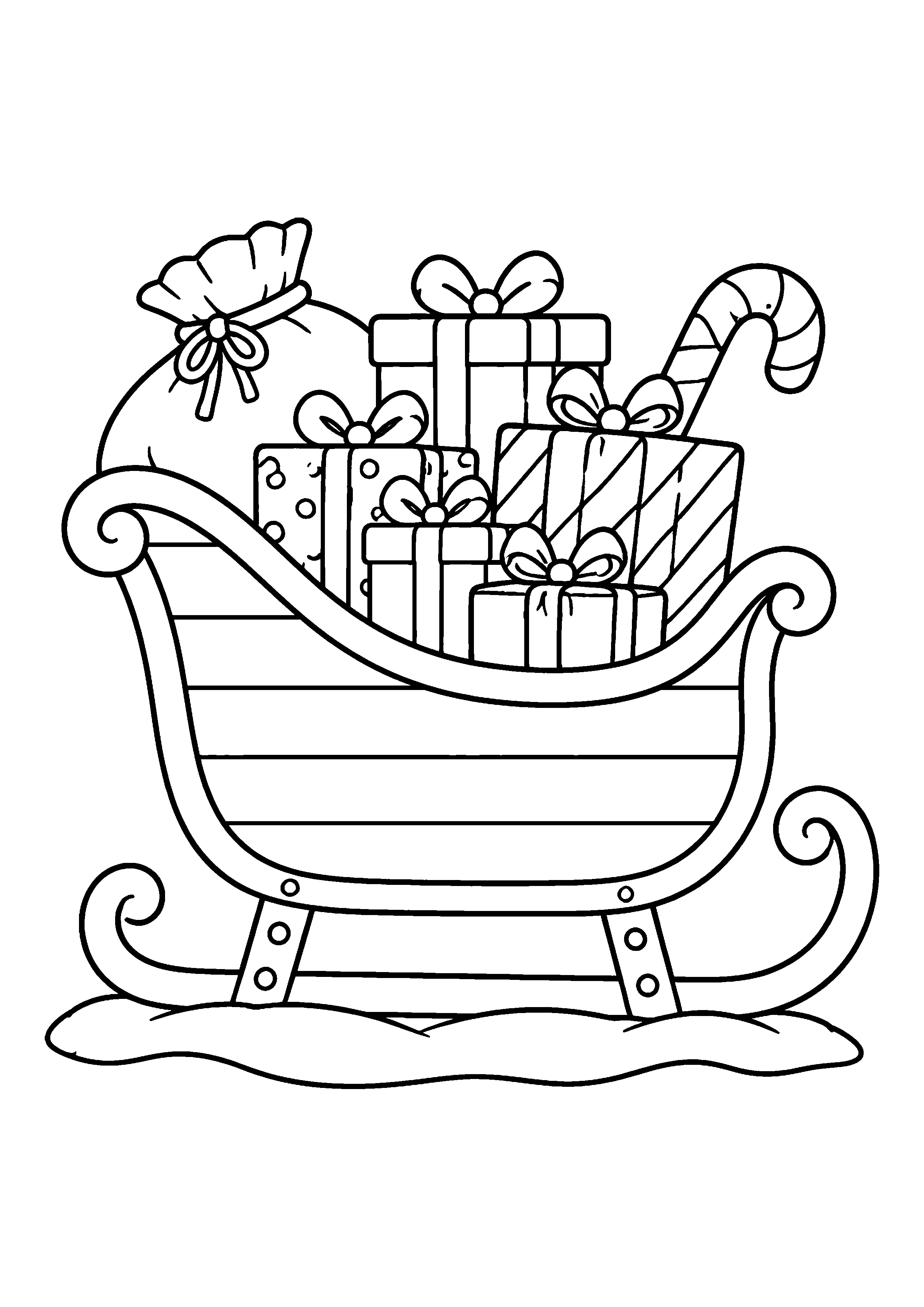 Wooden sleigh with gifts coloring page, printable line art