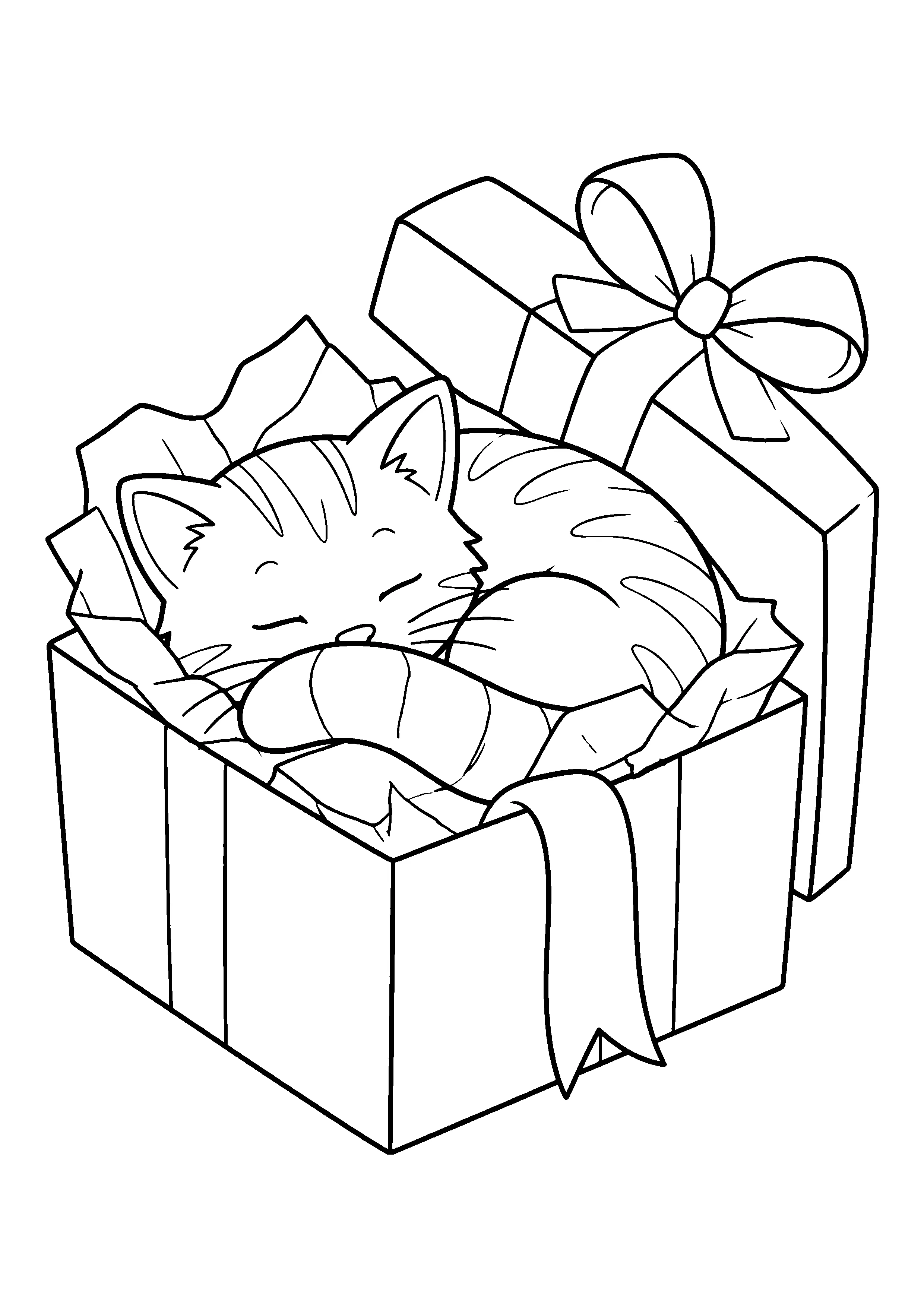 Cat asleep in gift box coloring page, printable line art