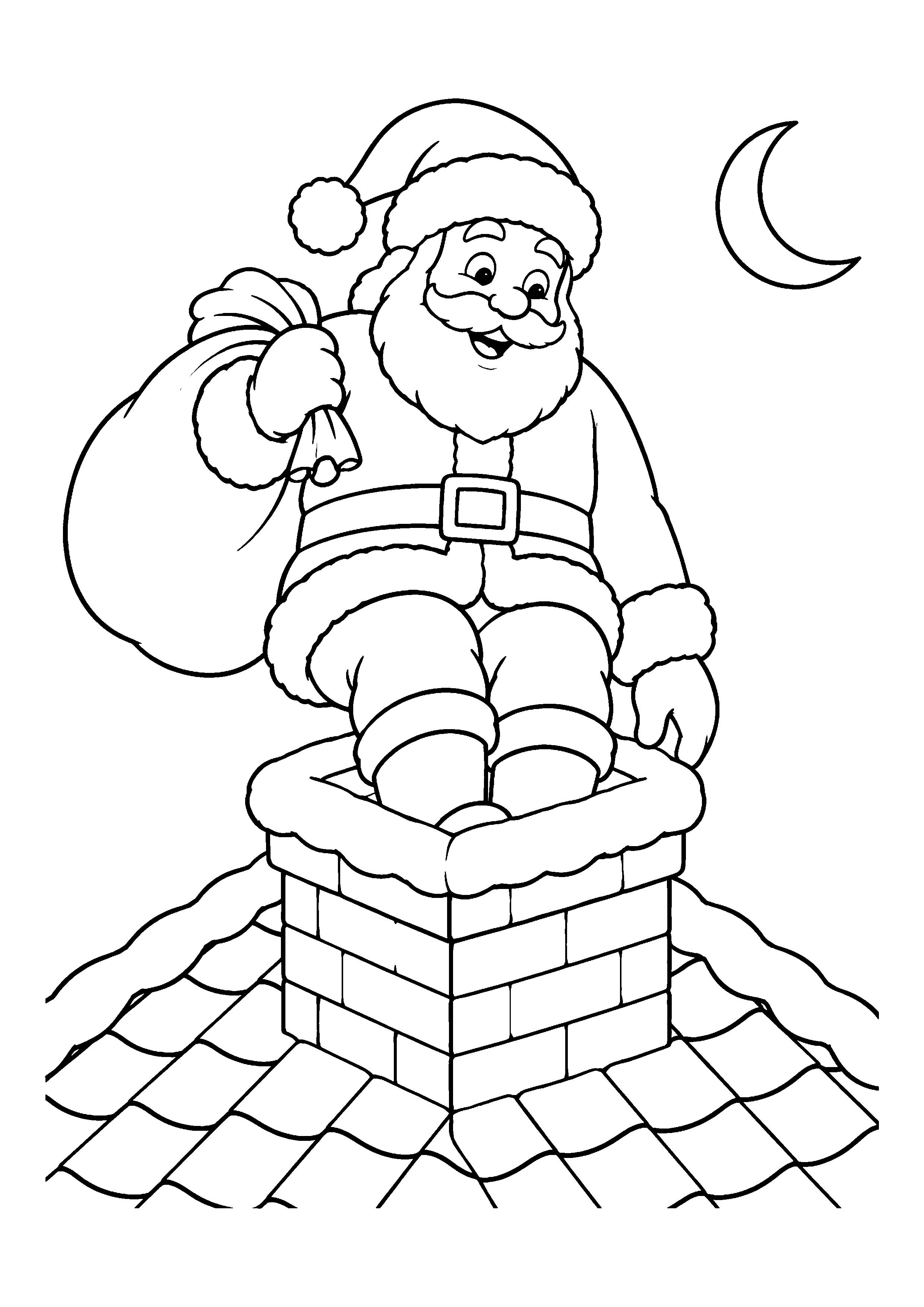 Santa into chimney coloring page, printable line art