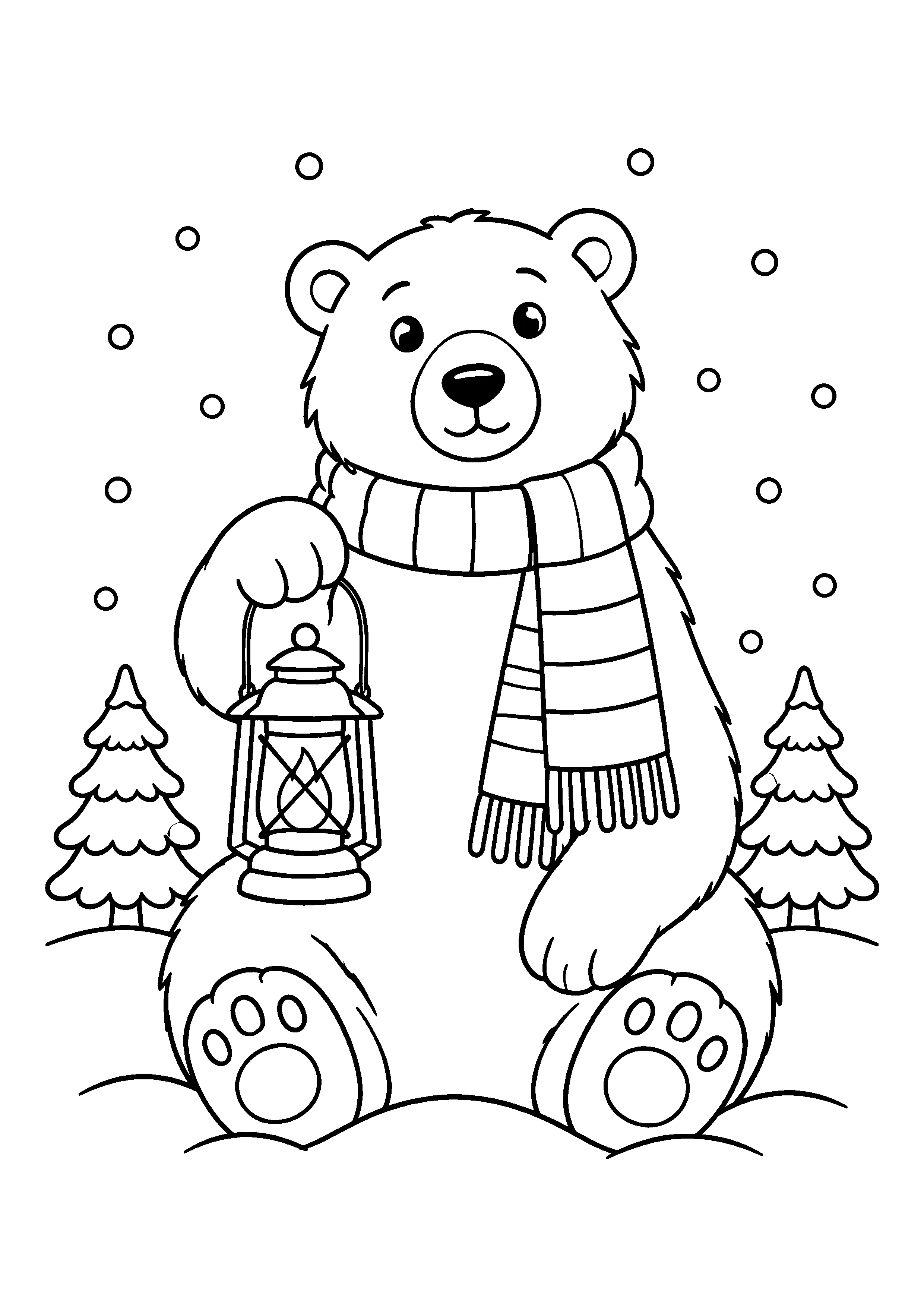 Polar bear with lantern coloring page, printable line art