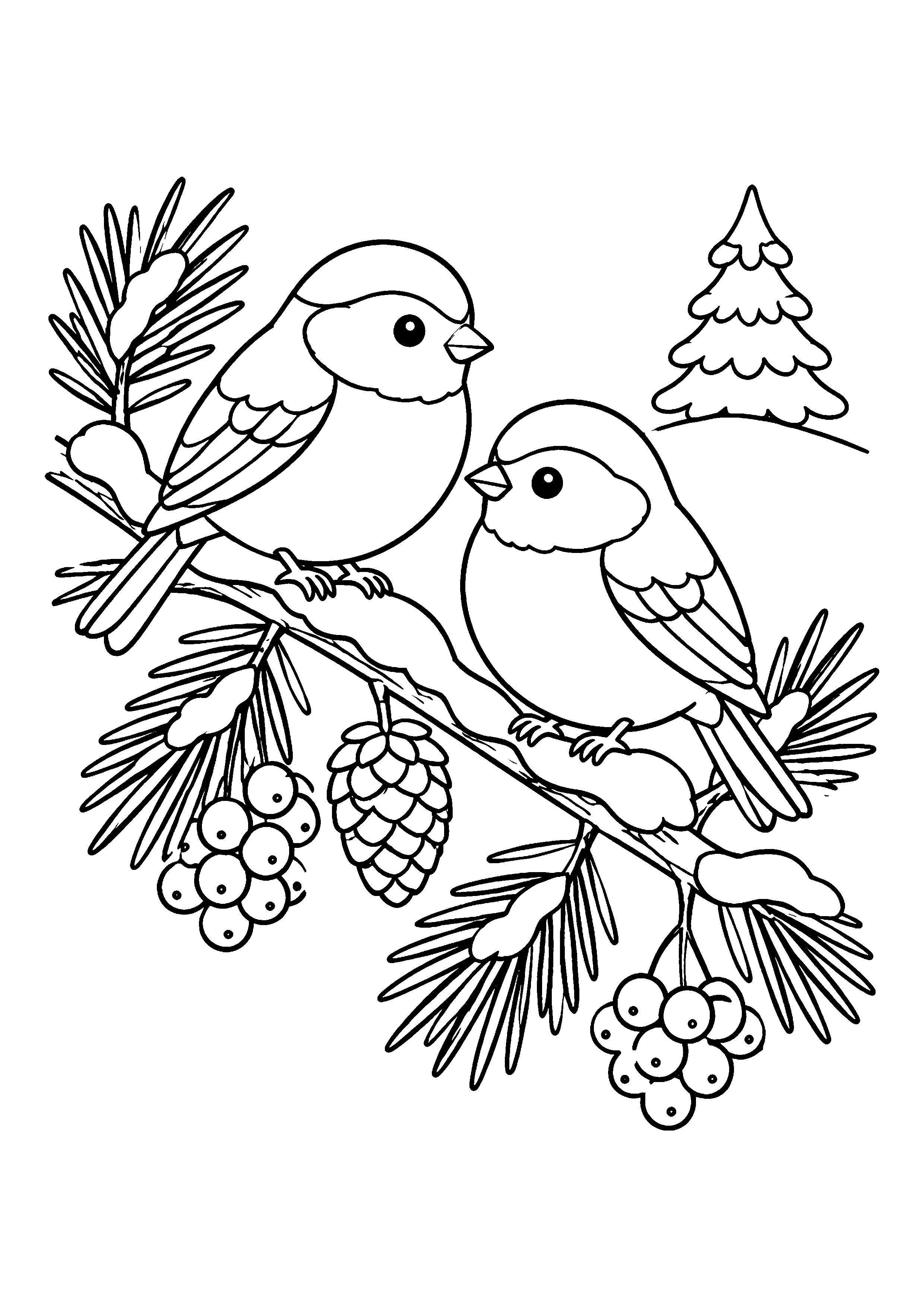 Two birds on a snowy pine branch coloring page, printable line art