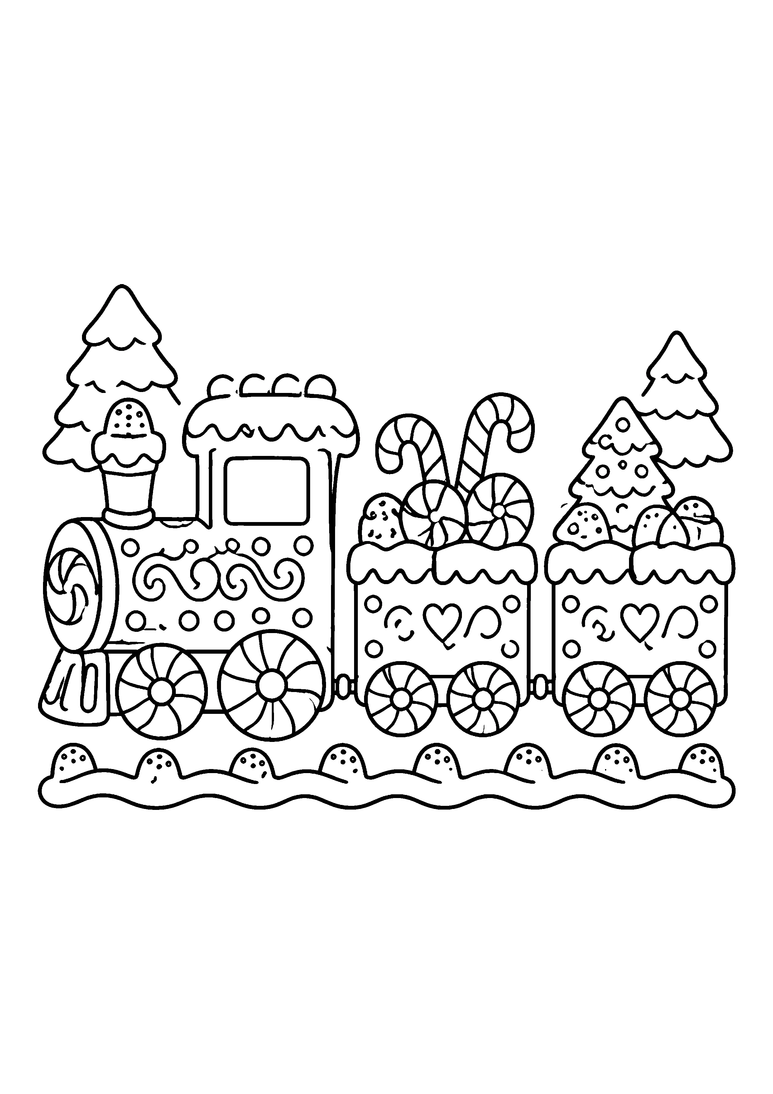 Gingerbread train with candy wagons coloring page, printable line art