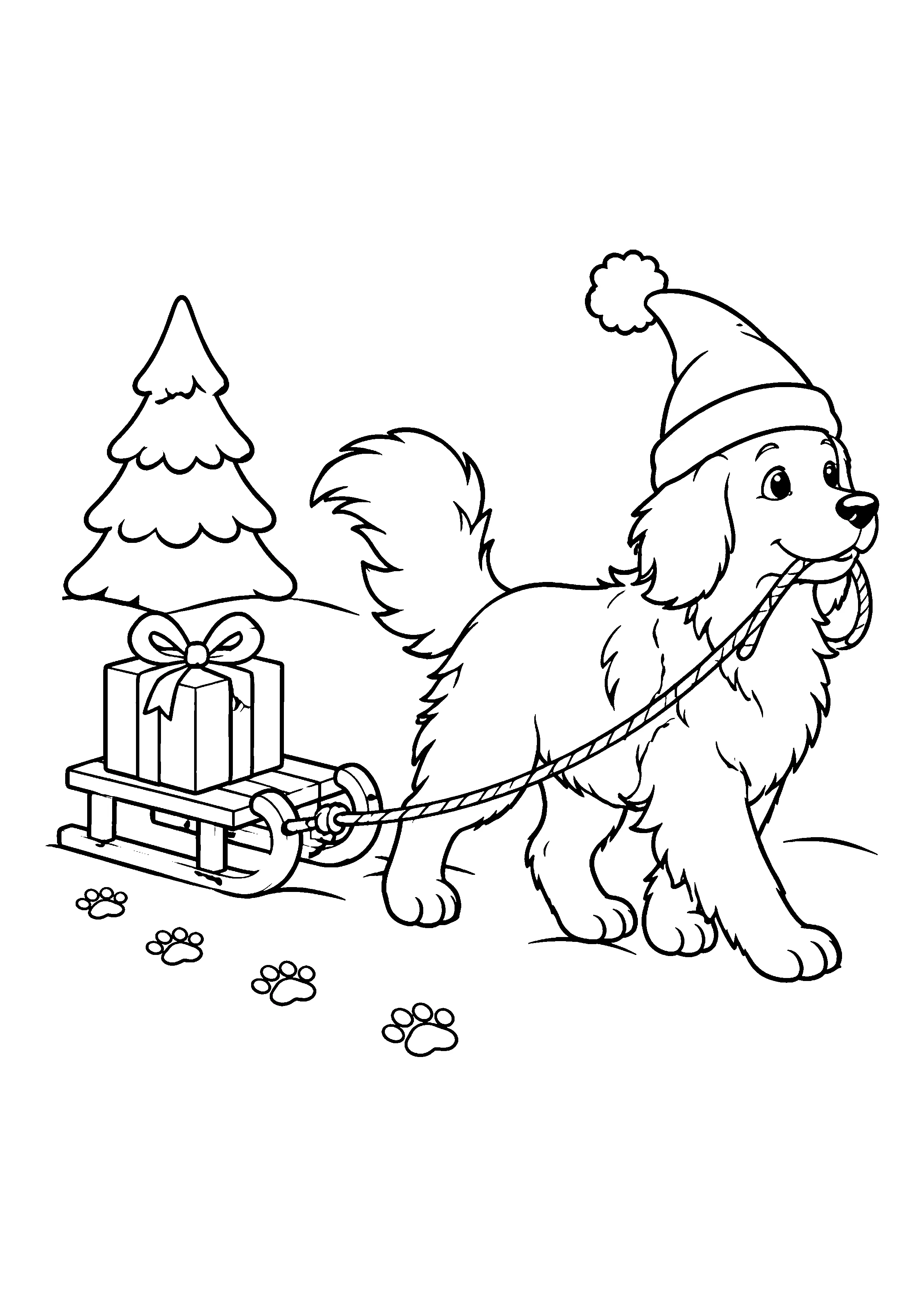 Dog pulling sled with gift coloring page, printable line art