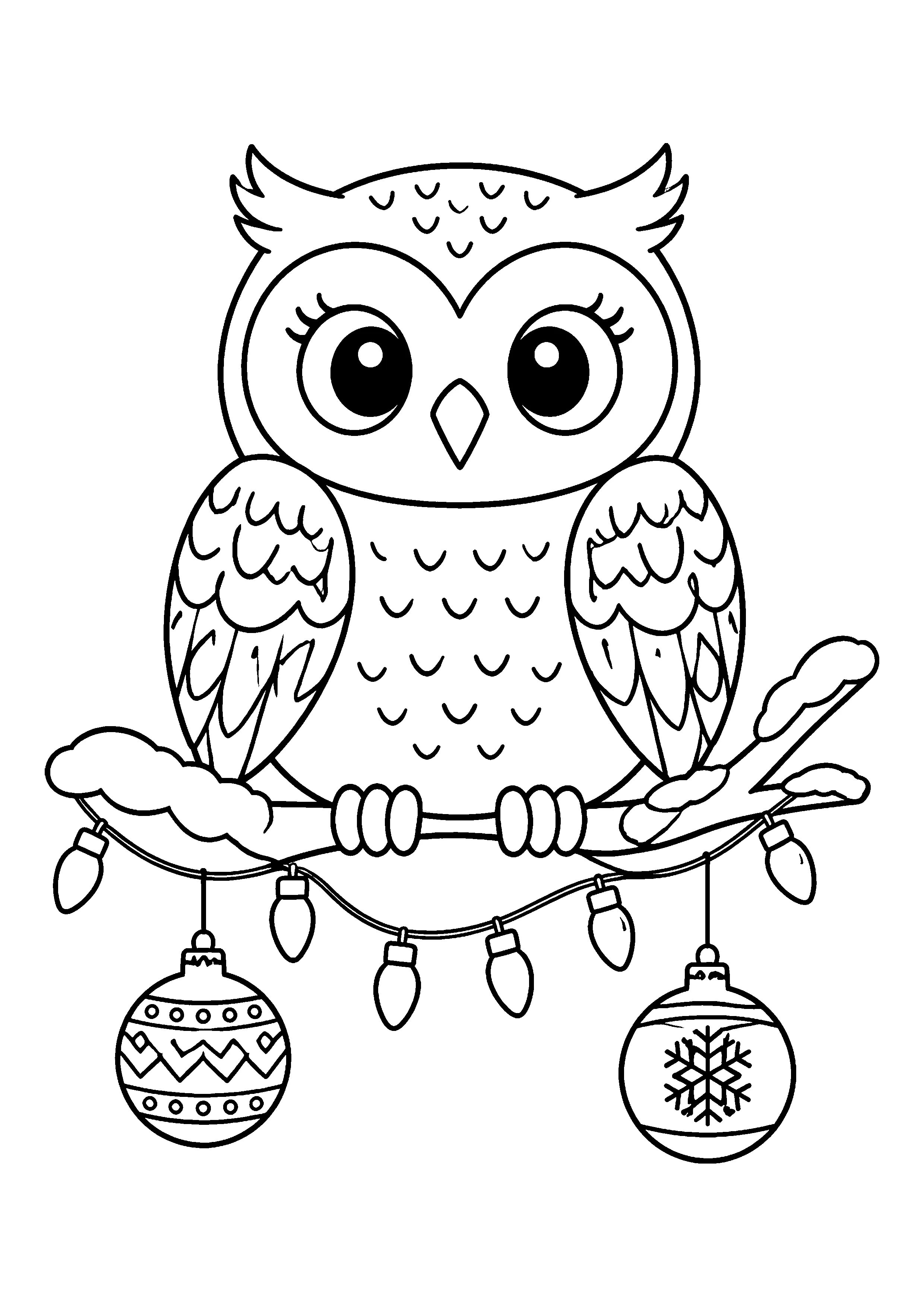 Christmas owl with baubles coloring page, printable line art