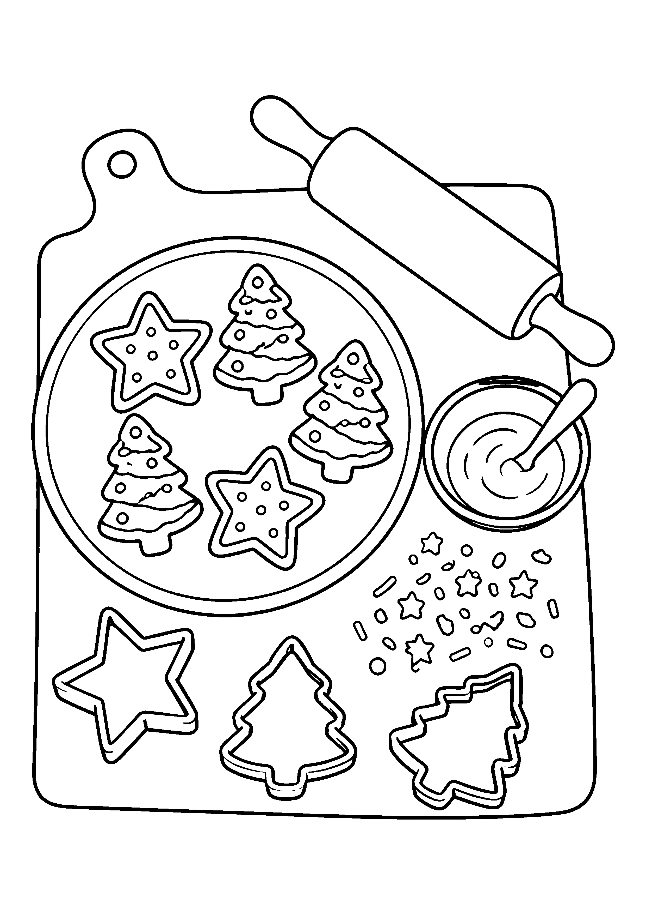 Christmas cookie baking board coloring page, printable line art