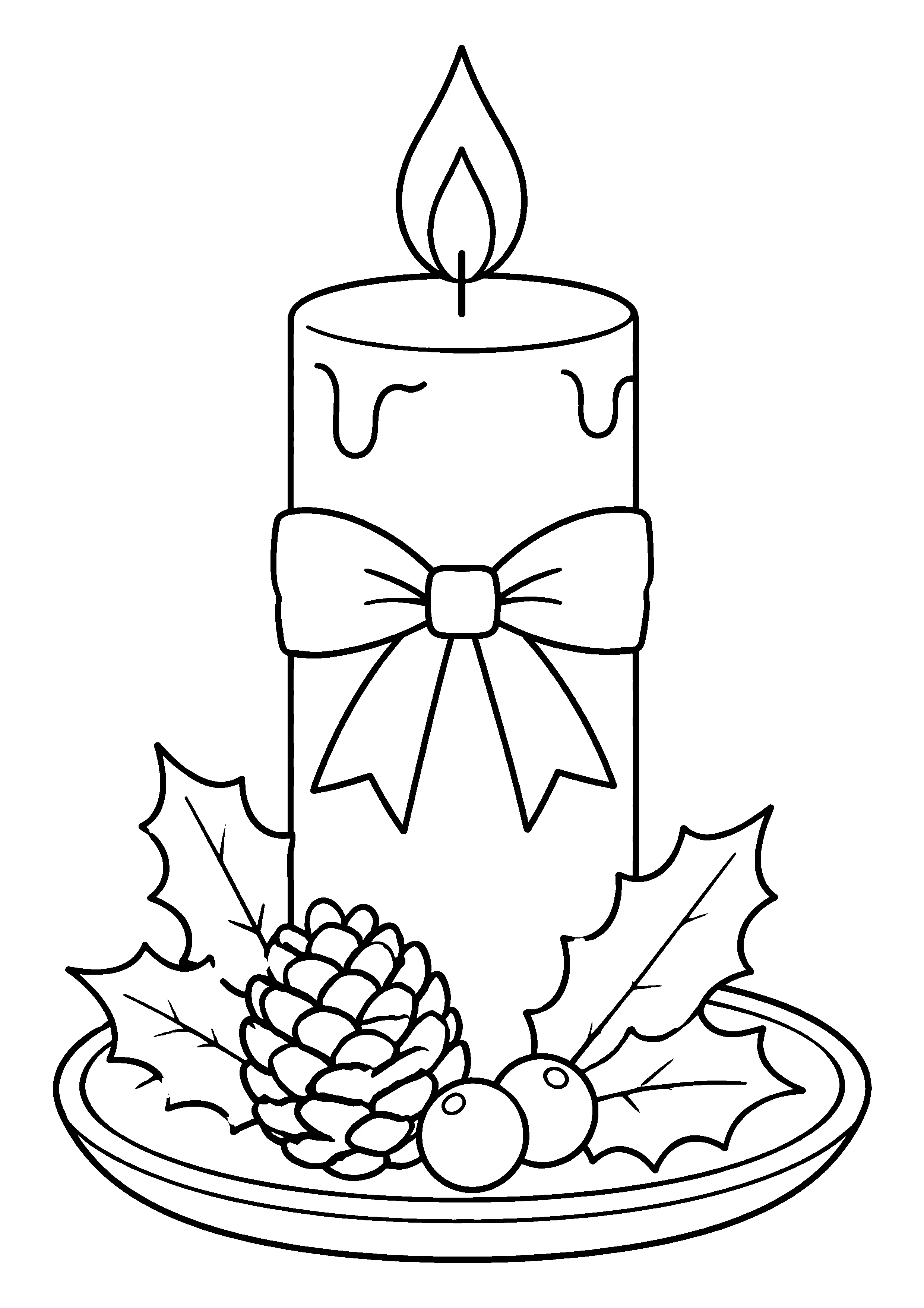 Christmas candle with holly coloring page, printable line art