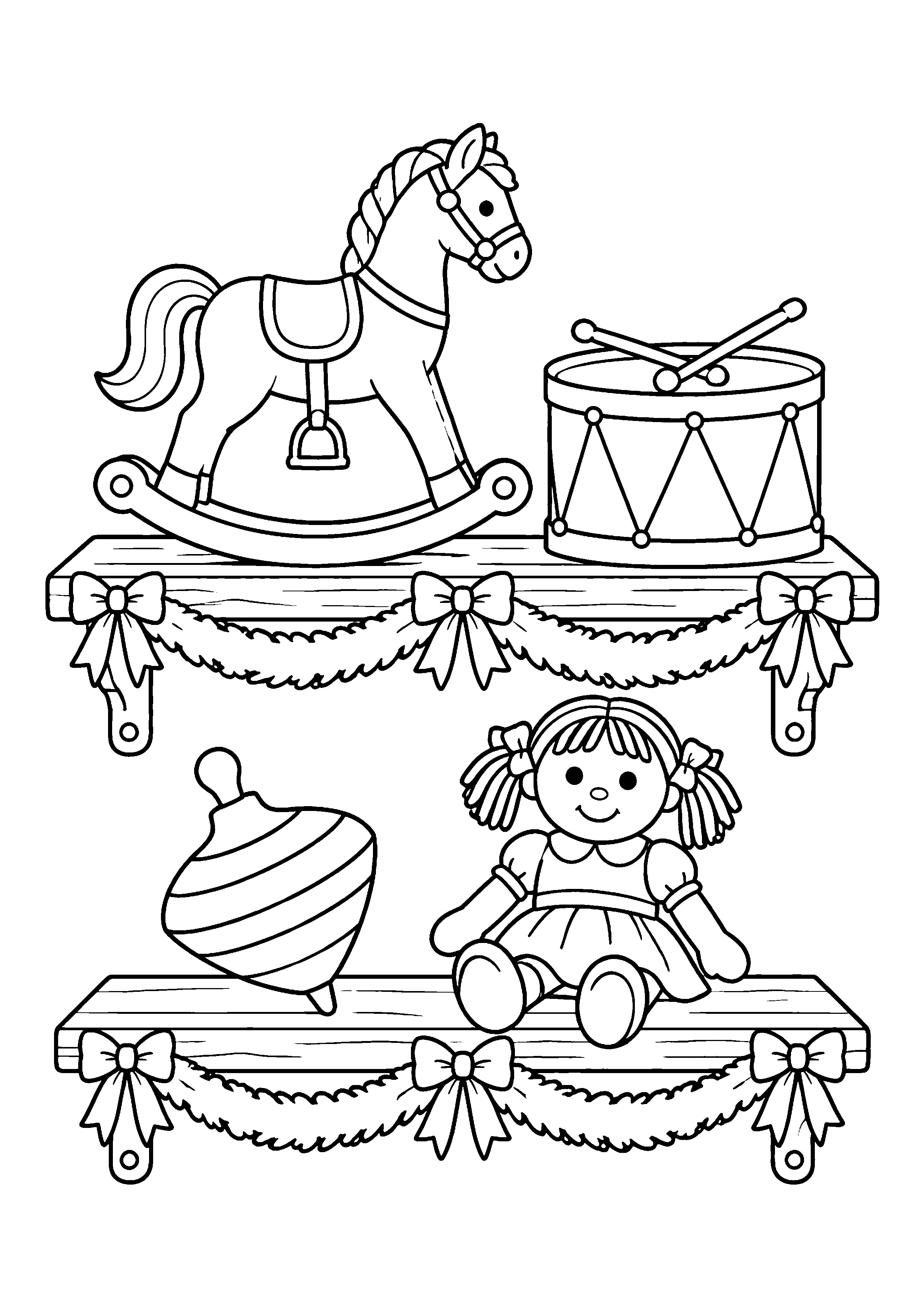 Christmas toy shelf coloring page, printable line art