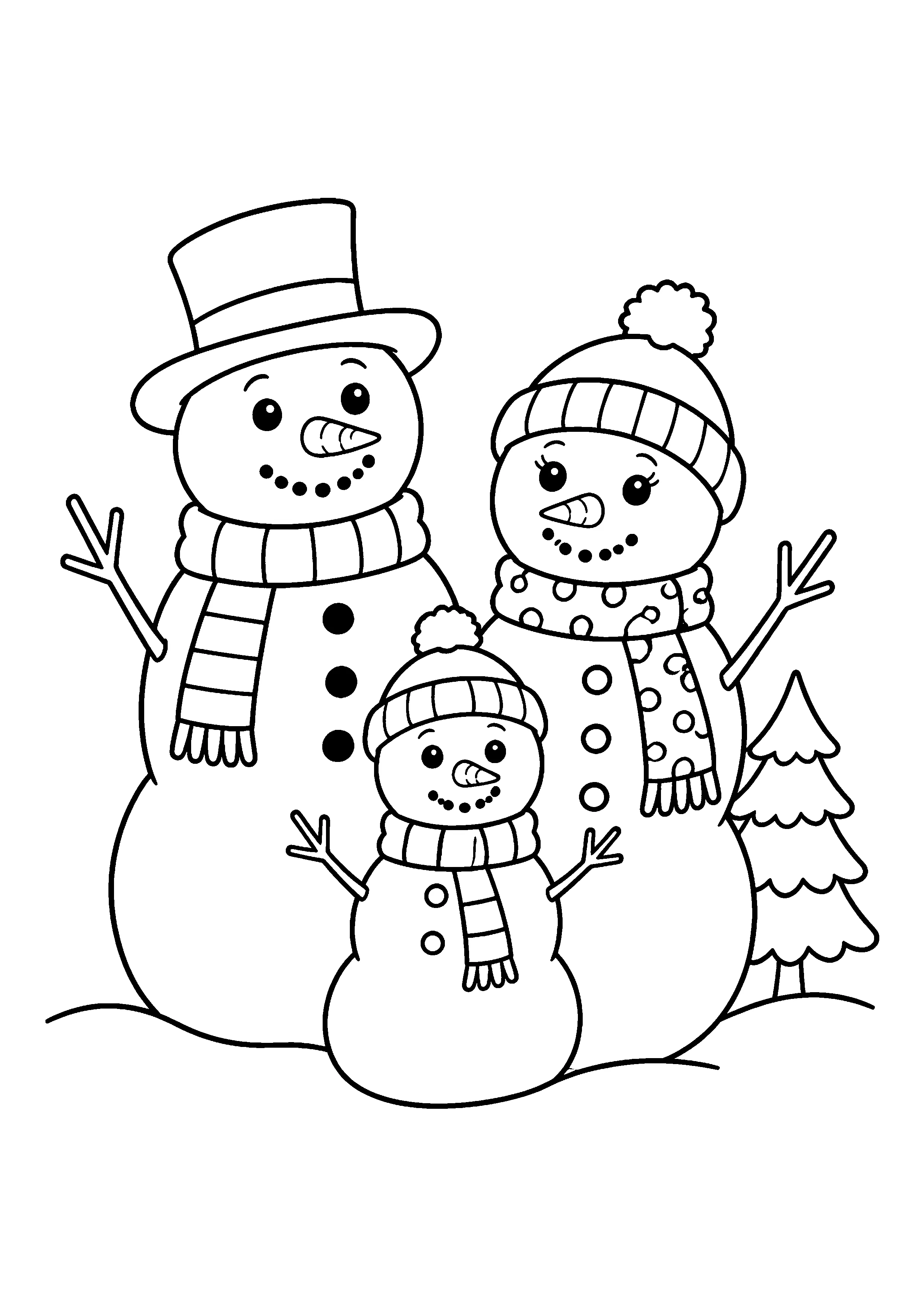 Snowman family of three coloring page, printable line art