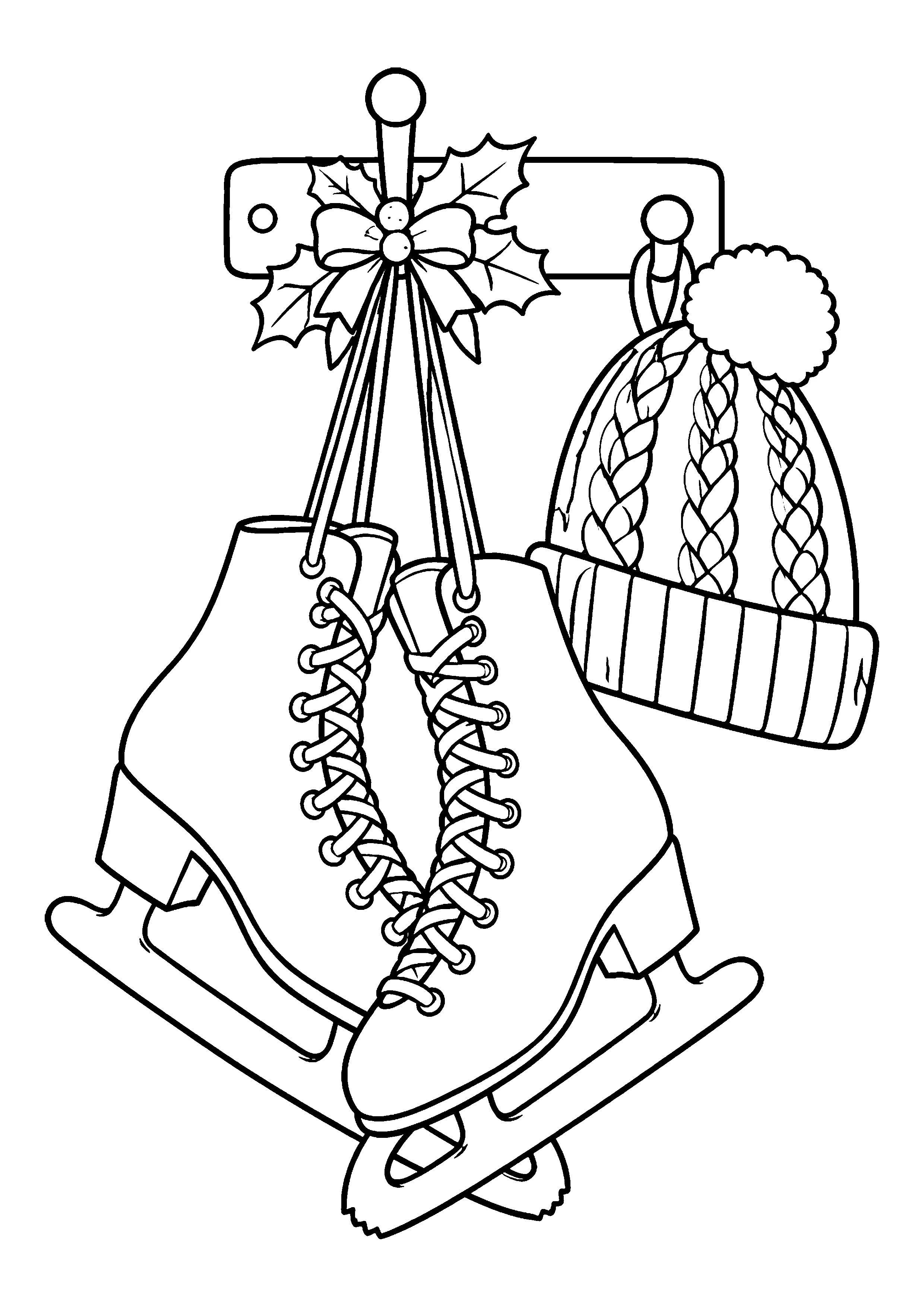 Ice skates on wall hook coloring page, printable line art