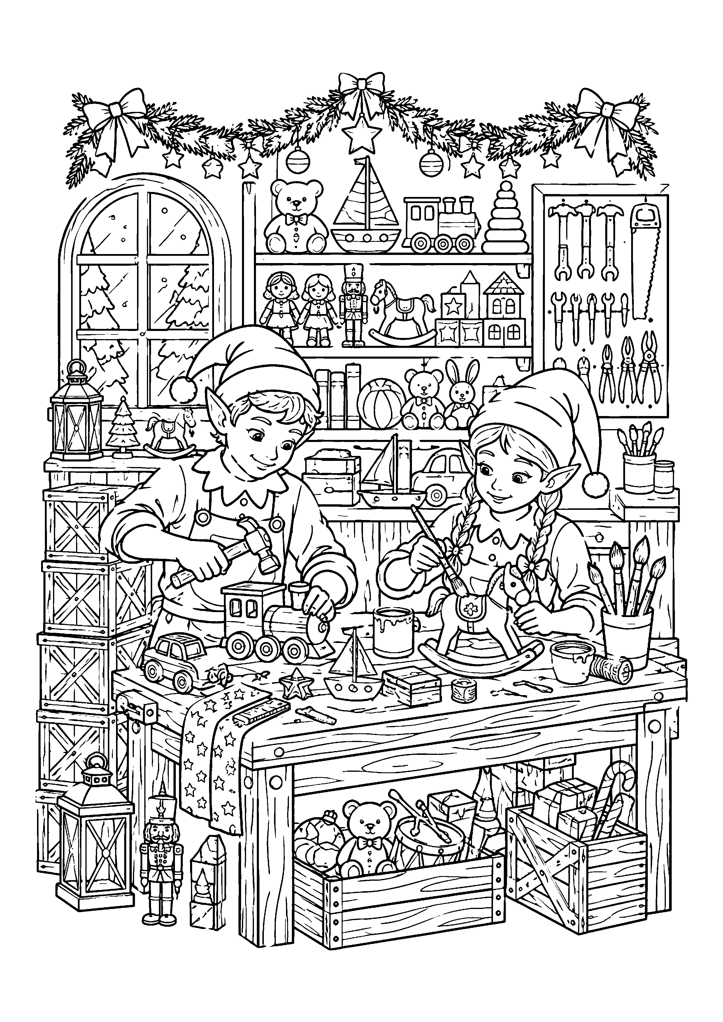 Elf workshop with toy shelf coloring page, printable line art