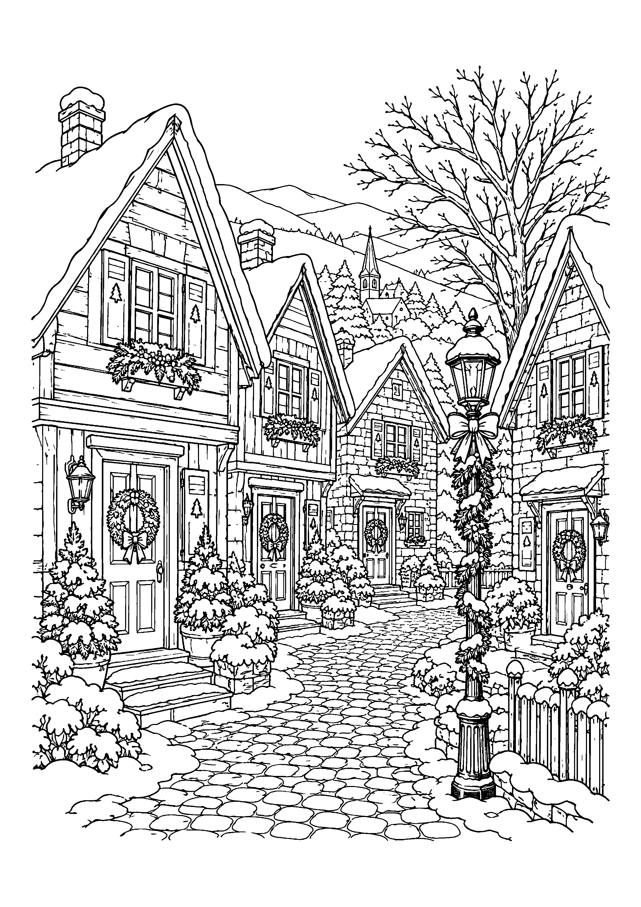 Snowy village street with lantern coloring page, printable line art