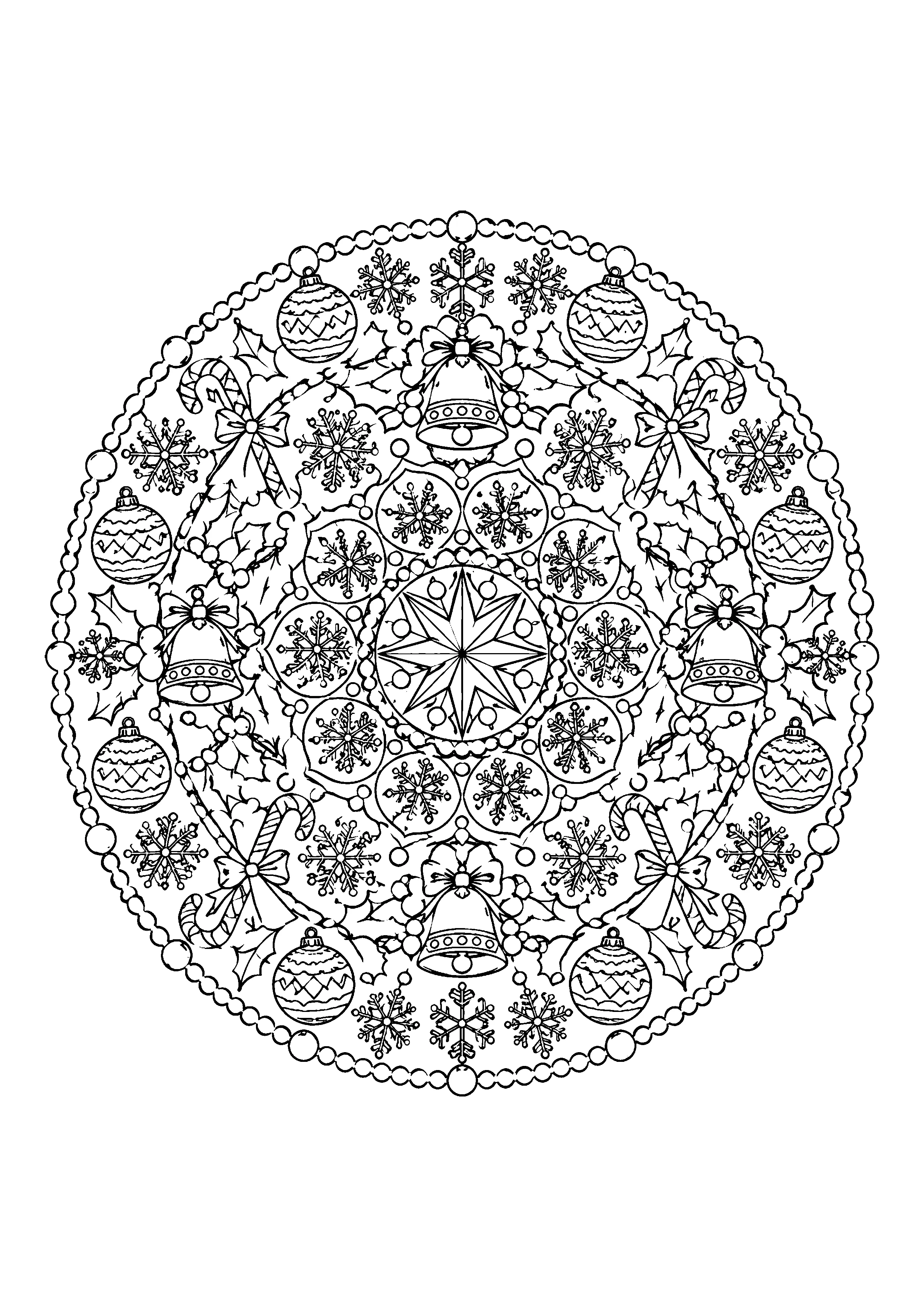 Christmas mandala with baubles coloring page, printable line art