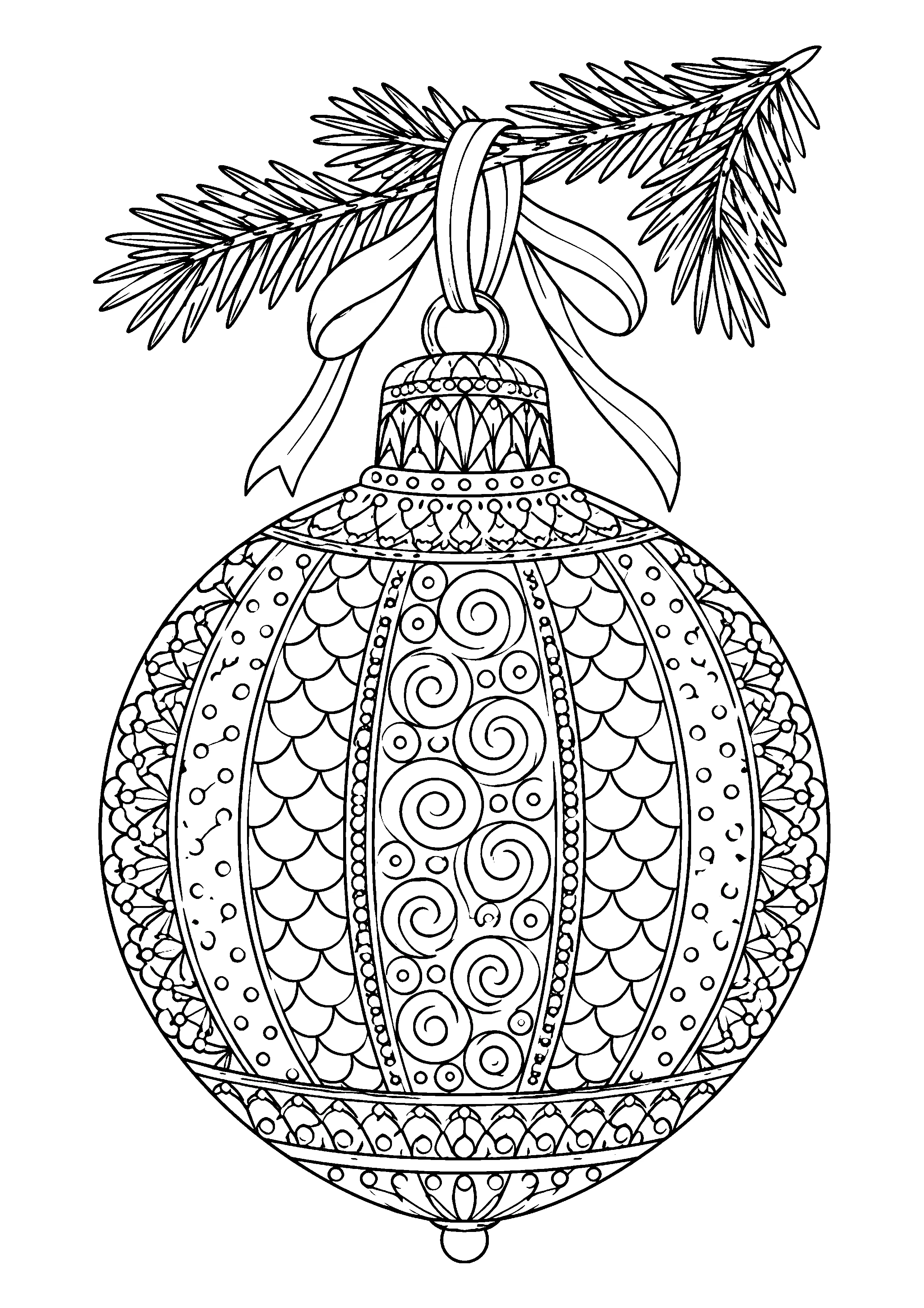 Ornate Christmas bauble coloring page, printable line art